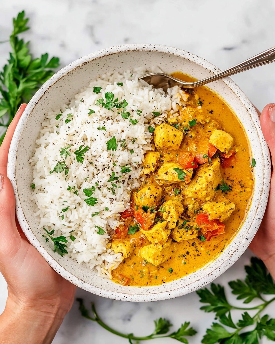 This image shows a shallow white bowl with speckles, filled with two layers of food side by side. On the left, there is a layer of cooked white rice topped with small green parsley pieces and a light dusting of black pepper. On the right, there is a thick yellow-orange curry sauce with visible chunks of tender chicken and small bits of red tomato, also sprinkled with chopped parsley and black pepper. A silver spoon rests on the rice side, and there are green parsley sprigs scattered on the white marbled surface around the bowl. Two woman's hands hold the bowl from either side. photo taken with an iphone --ar 4:5 --v 7