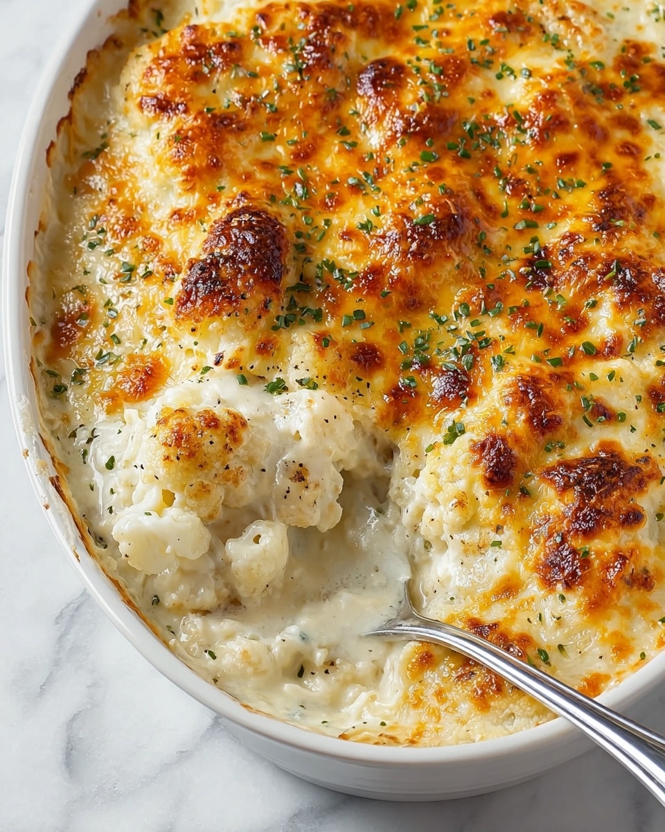 A close-up of a creamy baked dish in a white oval baking dish, showing one scoop being lifted with a wooden spoon. The dish has two main layers: a thick, golden-brown melted cheese layer on top with sprinkles of green herbs scattered across it, and underneath, a creamy, white sauce mixed with tender chunks of chicken and rice, dotted with herbs and black pepper. The texture looks soft and rich with a slightly browned, bubbly surface, all set against a white marbled background. Photo taken with an iphone --ar 4:5 --v 7