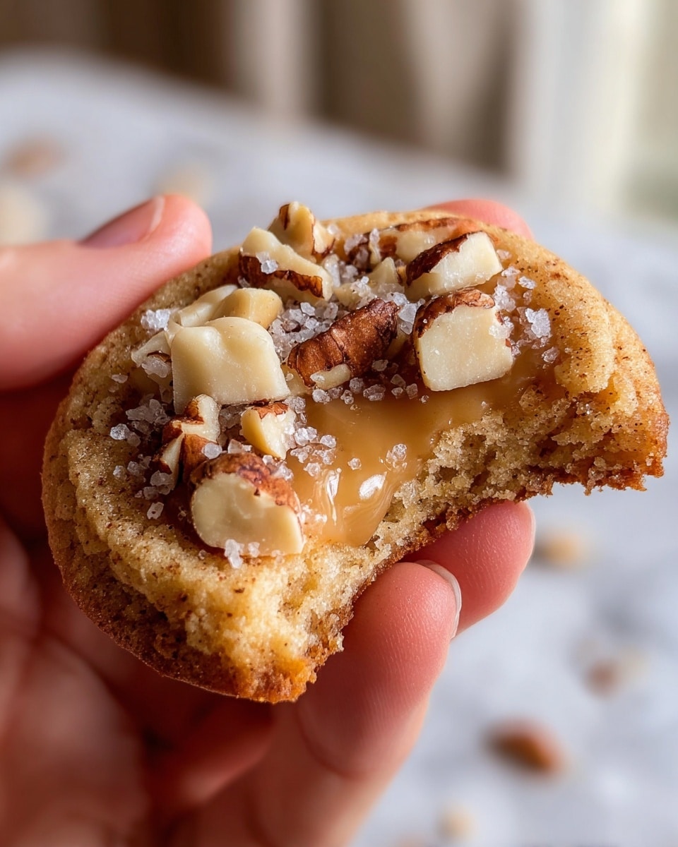 A close-up of a small round cookie held in a woman's hand, showing two layers: the base layer is a soft, golden-brown dough with a slightly crispy texture, and the top layer is a smooth, light caramel-colored filling. On top of the cookie are chunks of light cream nuts and chopped brown nuts sprinkled with a dusting of cinnamon and a few grains of coarse white salt. The cookie has a bite taken out of it, revealing the gooey filling inside. The background is softly blurred with a white marbled texture surface faintly visible. photo taken with an iphone --ar 4:5 --v 7