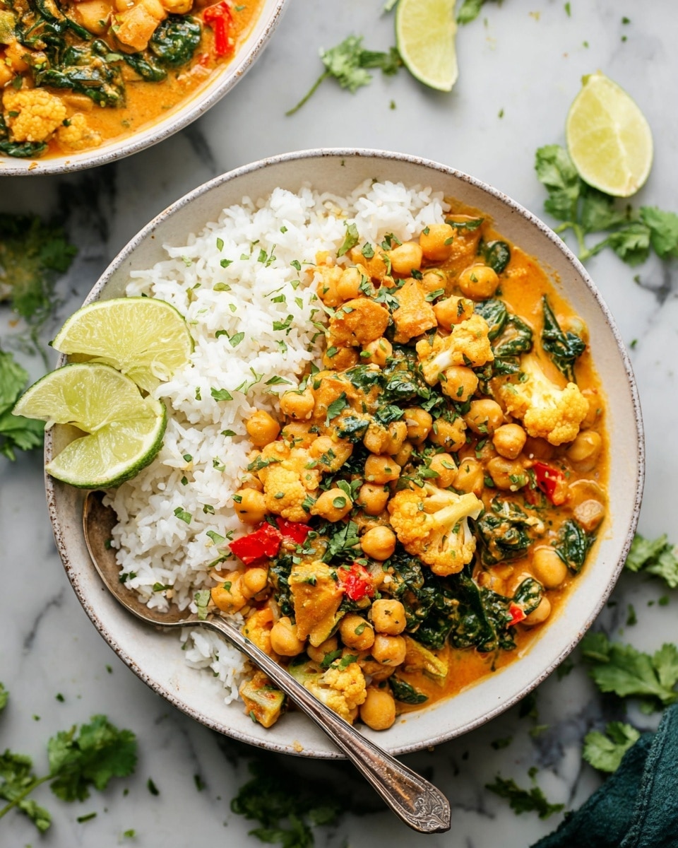 The image shows a white bowl filled with two main layers: the bottom layer is white rice with fluffy texture, and on top is a thick curry with chickpeas, spinach, small pieces of cauliflower, red bell peppers, and chunks of chicken, all coated in a creamy orange sauce. The curry is garnished with chopped green herbs and two lime wedges placed on the right side of the bowl. A silver spoon rests inside the bowl on the left side. The bowl sits on a white marbled surface, with lime wedges and green herb leaves scattered around. In the background, there is a partial view of another white bowl with the same dish. photo taken with an iphone --ar 4:5 --v 7