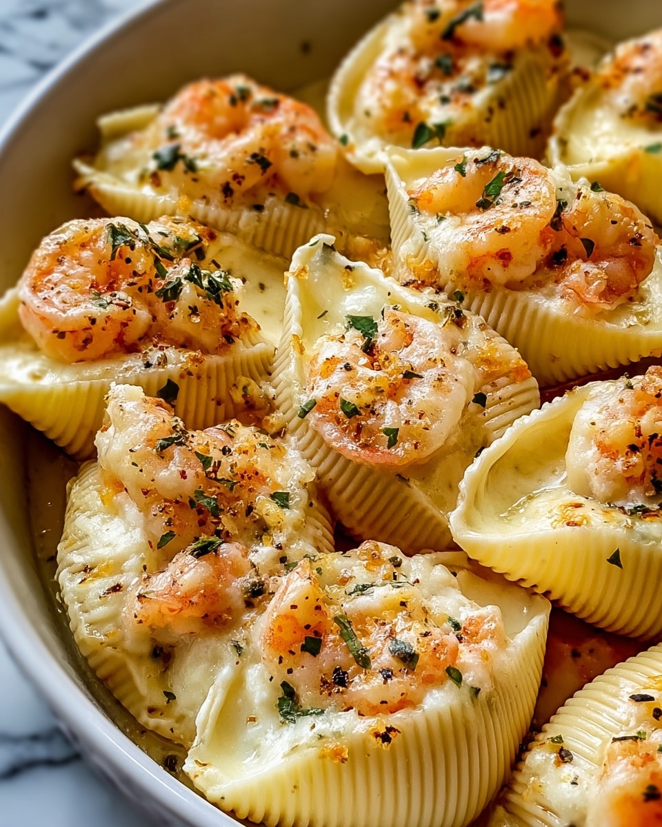 The image shows a close-up of large white pasta shells filled with a creamy white cheese mixture, topped with pink shrimp pieces and sprinkled with small green herb bits and cracked black pepper. Each shell has a smooth, slightly ridged outer layer holding a rich, cheesy filling with visible chunks of shrimp on top, arranged closely on a white plate against a white marbled surface. Photo taken with an iphone --ar 4:5 --v 7