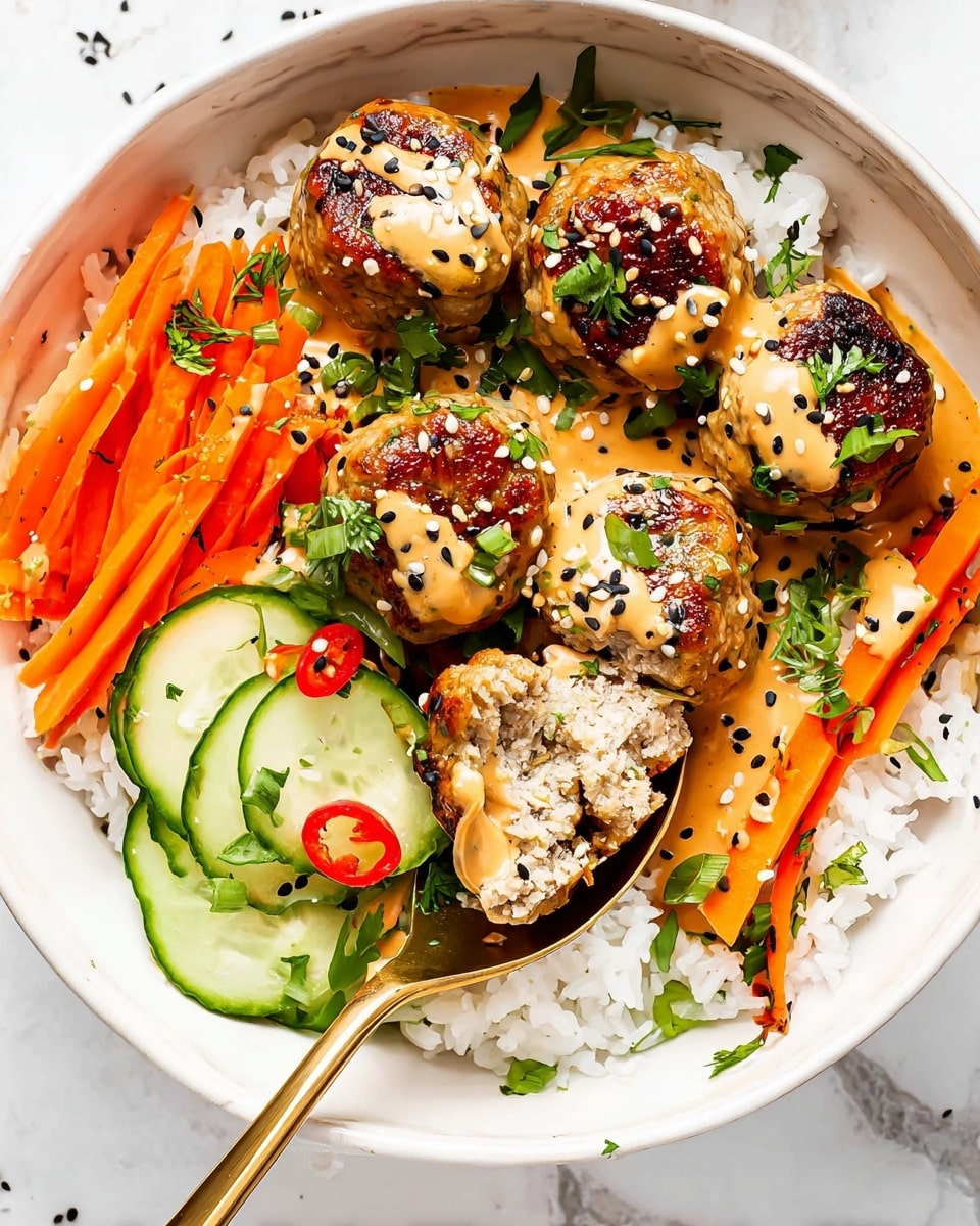 The dish is served in a white bowl on a white marbled surface, showing four round golden-brown meatballs placed at the center with light orange creamy sauce drizzled on top, sprinkled with black and white sesame seeds and green herbs. Underneath the meatballs is a bed of white rice covering the bottom of the bowl. Around and under the meatballs, thin orange carrot sticks and sliced green cucumbers with some red chili slices add color and texture. A gold spoon in the bowl holds a meatball cut open, showing a light gray inside with green bits. Small green herbs and black sesame seeds are scattered over the ingredients. photo taken with an iphone --ar 4:5 --v 7
