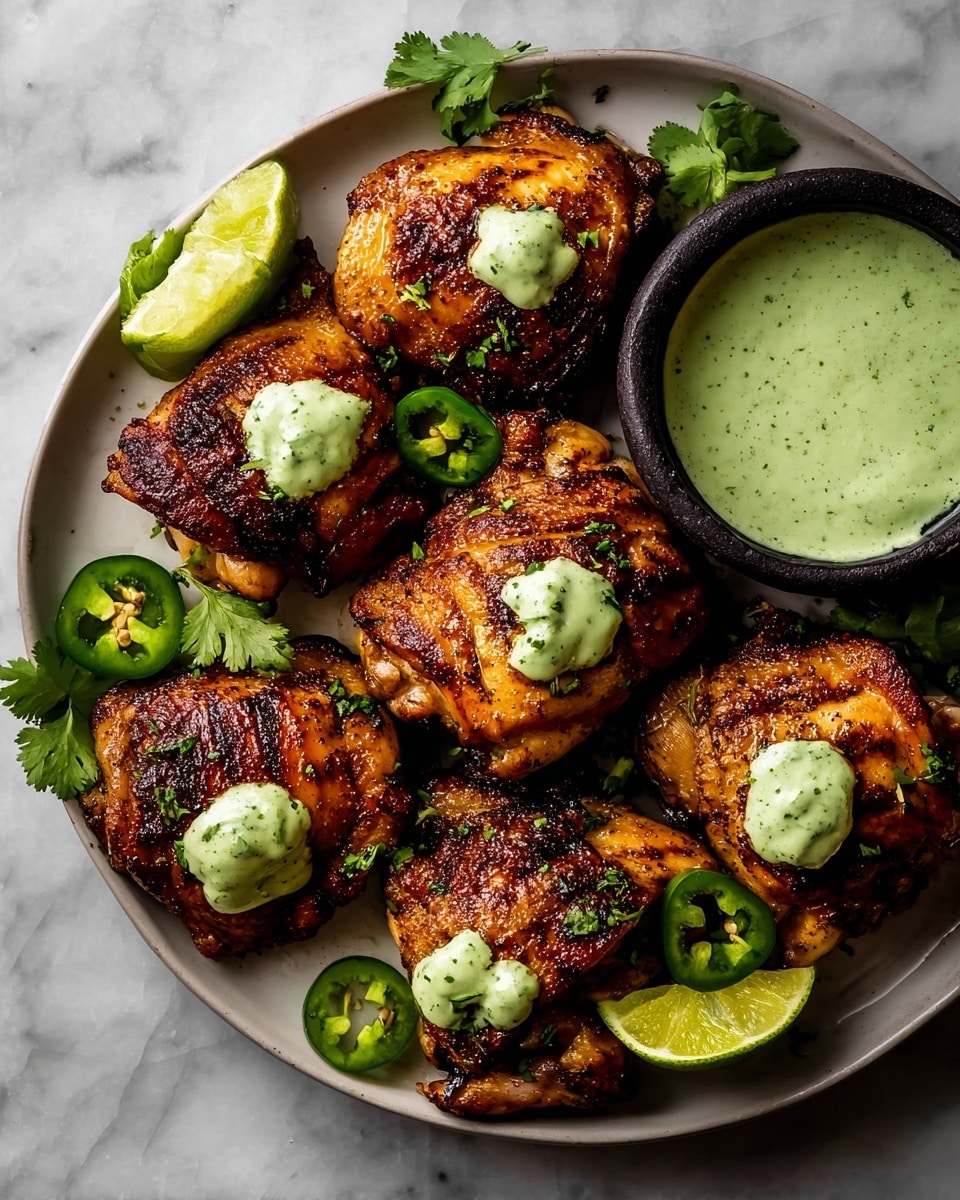 A white plate holds seven pieces of grilled chicken thighs arranged close together, each with a shiny, golden-brown crispy skin marked with grill lines, topped with small dollops of light green, creamy sauce speckled with herbs. Around the chicken are fresh green sliced jalapeños and cilantro leaves scattered, along with lime wedges placed near the edges of the plate. On the right side, a small black bowl filled with the same green sauce sits next to the chicken. The plate is set on a white marbled textured surface. Photo taken with an iphone --ar 4:5 --v 7