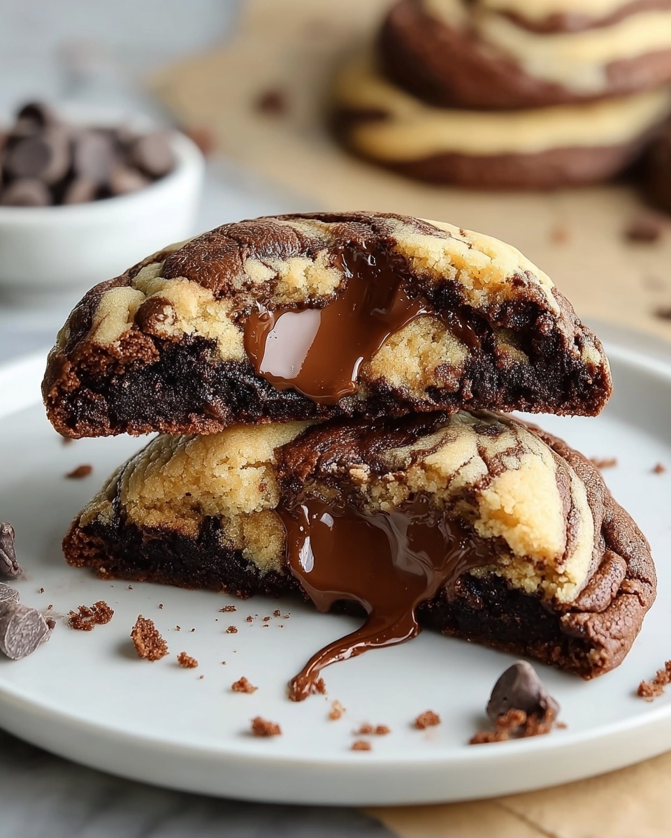 The image shows two round swirl cookies resting on white parchment paper, which lies on a white marbled surface. Each cookie has two main layers: a light golden brown outer layer that looks soft and slightly crispy, and a dark rich brown inner swirl that appears dense and fudgy. One cookie is whole, while the other is broken in half, revealing the swirled pattern clearly. The texture of the cookie edges looks slightly crumbly, and the dark swirl contrasts strongly with the lighter outer dough. Photo taken with an iphone --ar 4:5 --v 7