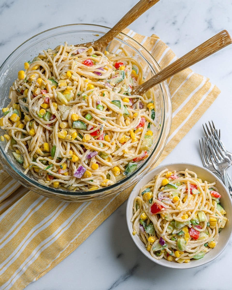 The image shows a large clear glass bowl filled with a creamy pasta salad made of light yellow spaghetti noodles mixed with bright yellow corn, green cucumber pieces, red bell pepper chunks, and small bits of purple onion, all coated lightly in a creamy dressing. Two wooden forks rest in the salad, partially submerged. Next to the large bowl is a smaller white bowl filled with the same colorful pasta salad. Both bowls sit on a yellow and white striped cloth on a white marbled surface, with a silver fork partly visible beside the smaller bowl. photo taken with an iphone --ar 4:5 --v 7