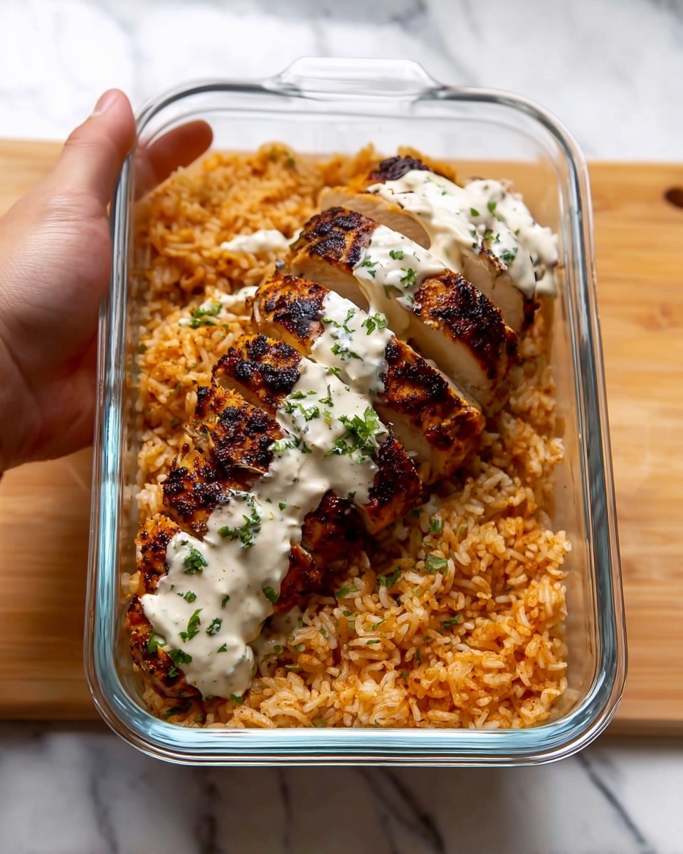 A clear rectangular glass container holds a serving of creamy Cajun chicken and rice. The bottom layer is orange-brown rice with visible bits of herbs mixed in, filling the container evenly. On top rests a thick, grilled chicken breast with dark, charred grill marks and a crispy texture. The chicken is sliced into several pieces and part of it is covered with a creamy white sauce that has a smooth texture and some green herb flecks scattered on top. A woman's hand is holding the container by the sides over a white marbled surface. Photo taken with an iphone --ar 4:5 --v 7