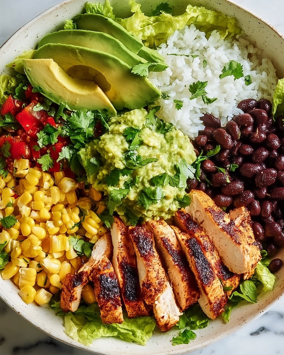 A white bowl filled with layers of food arranged neatly. On the left side, there are slices of grilled chicken with grill marks and a golden brown color, resting on green lettuce leaves. Above the chicken, there are roasted red bell pepper strips with a slightly shiny and soft texture. To the right of the peppers, bright yellow corn kernels sit close together. Next to the corn, there are slices of fresh avocado with a smooth, light green texture. At the bottom right, there are dark black beans with a glossy finish. In the center, a scoop of chunky green guacamole topped with cilantro leaves. White rice sits beside the beans, also sprinkled with cilantro. The whole bowl is placed on a white marbled texture. photo taken with an iphone --ar 4:5 --v 7