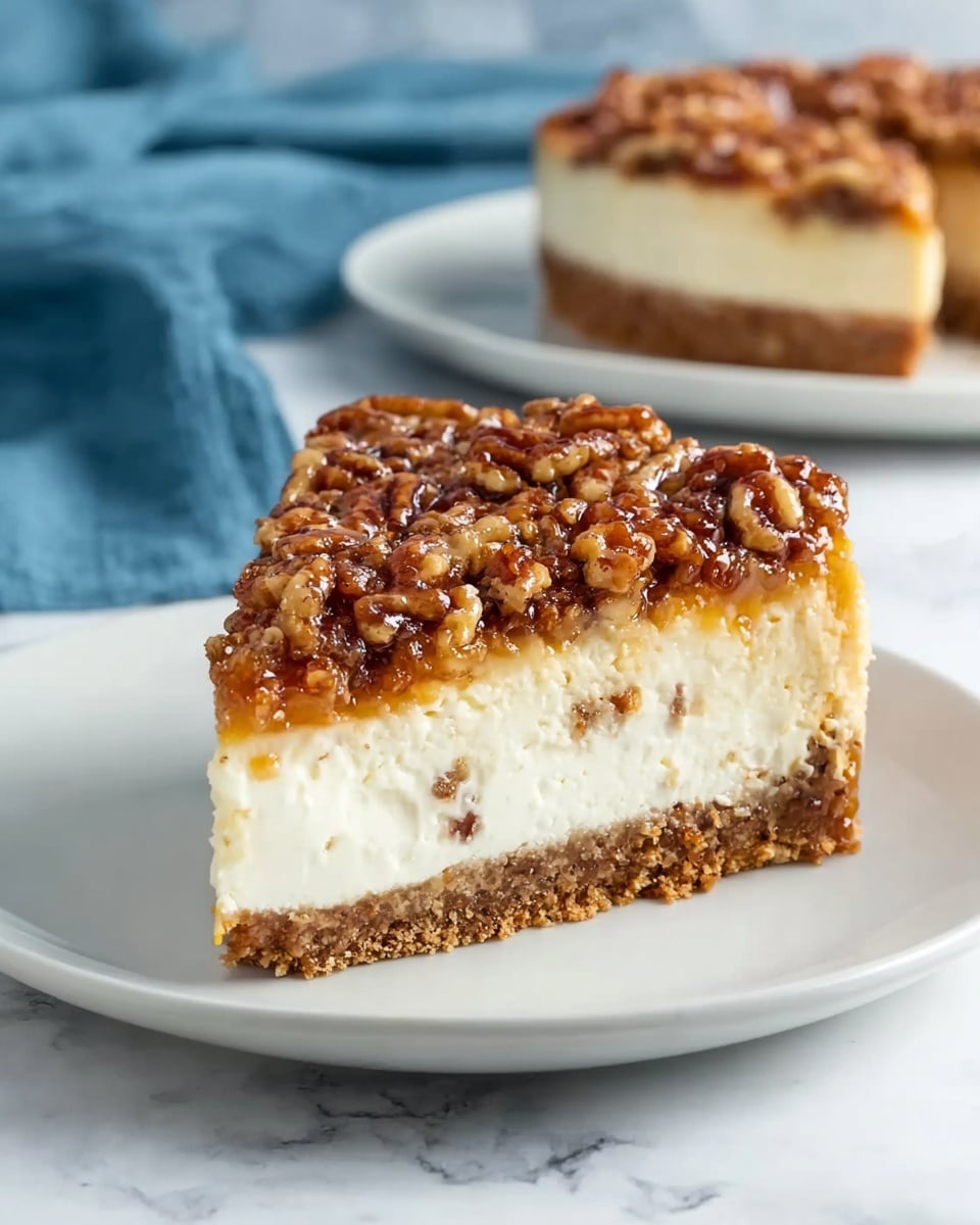 A slice of cake sits on a white plate over a white marbled surface, showing three clear layers: at the bottom, a brown crumbly crust; in the middle, a thick creamy white cheesecake layer with small bits of nuts inside; and on the top, a glossy, textured topping of golden brown pecans coated in syrup. In the background, a blurred second slice of the same cake sits on another white plate with a blue fabric behind it. Photo taken with an iphone --ar 4:5 --v 7