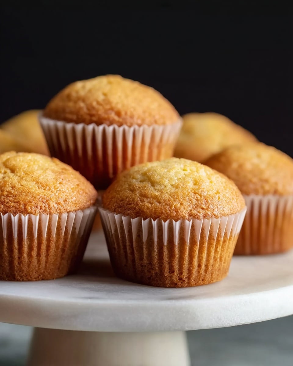 Several golden brown muffins are arranged on a white marble cake stand with a white base. Each muffin has a lightly cracked, textured top with a slightly rough surface, and they are all wrapped in white pleated paper liners. The muffins appear soft and fluffy, with a warm and inviting color against a dark black background. Photo taken with an iphone --ar 4:5 --v 7