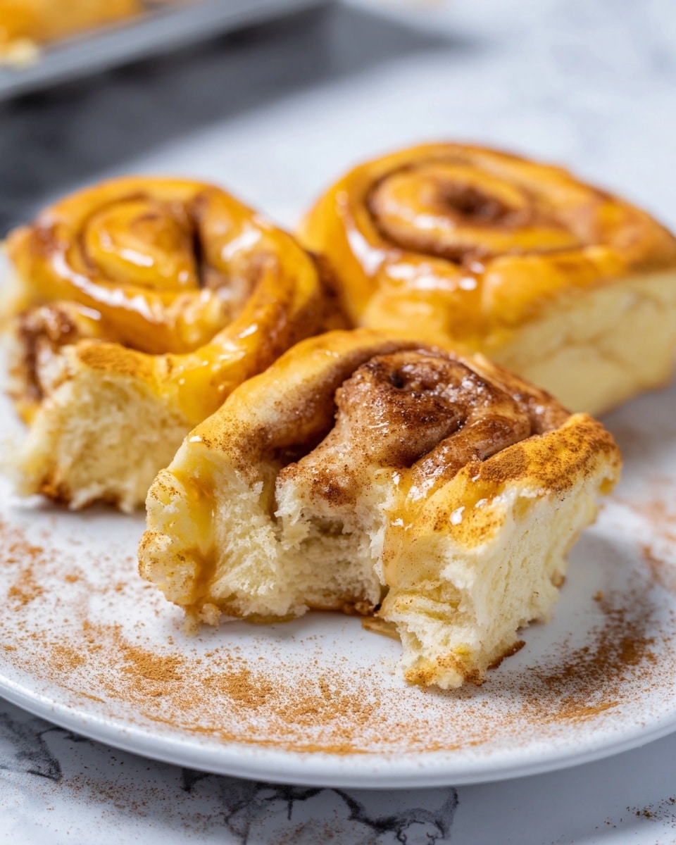 The image shows three square cinnamon rolls on a white plate with a thin brown rim, each roll revealing layers of soft, orange-tinted dough swirled with brown cinnamon filling and topped with a light glaze. The rolls are sprinkled lightly with cinnamon powder. To the right, a white bowl holds bright orange pumpkin puree with a spoon inside, resting on a white cloth. Above the plate, a foil baking tray with more cinnamon rolls, some missing, shows golden-brown, glazed rolls with visible swirls of cinnamon. At the top left, there is a small white bowl filled with cinnamon powder, with a spoon resting inside, placed on a yellow cloth. The background is a white marbled surface. Photo taken with an iphone --ar 4:5 --v 7