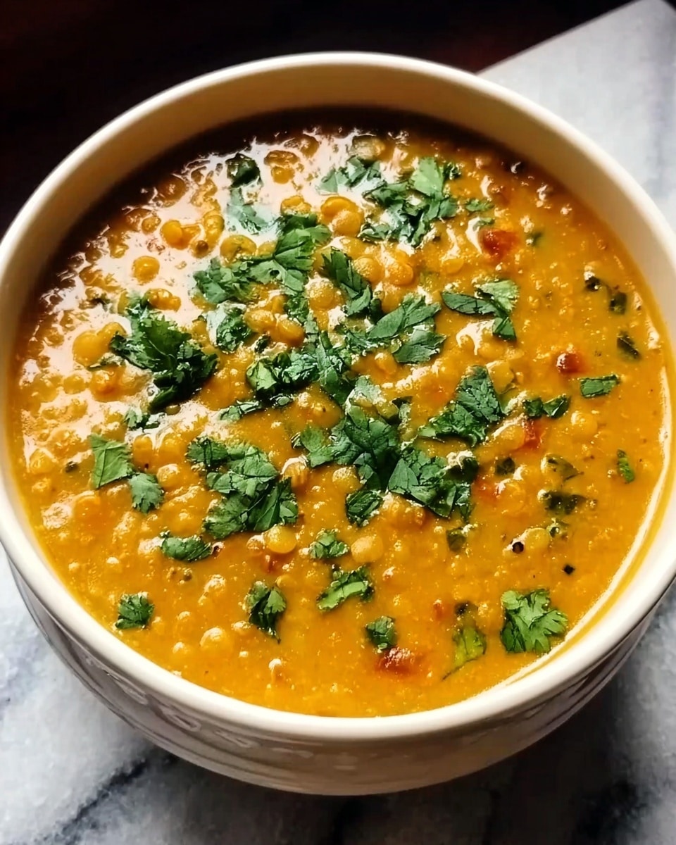 This image shows a close-up of two white bowls filled with creamy yellow lentil soup. The soup has a smooth, rich texture with visible small lentils and bits of red chili or pepper floating on the surface. Bright green spinach leaves rest on top as garnish, adding color contrast. The bowls sit on a white marbled surface, and the lighting highlights the glossy, thick appearance of the soup. Photo taken with an iphone --ar 4:5 --v 7