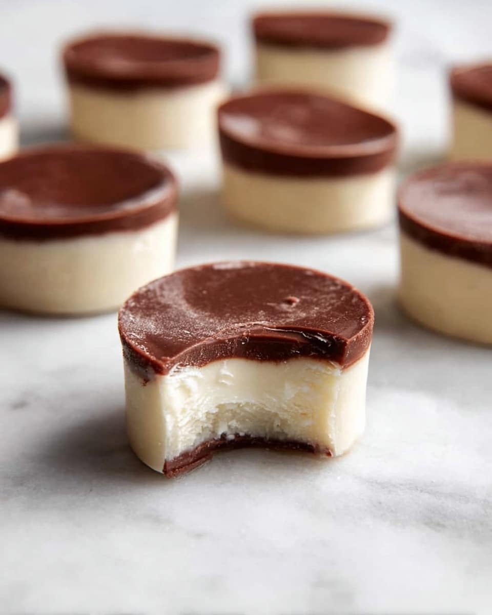 The image shows several small, round two-layered treats placed on a white marbled surface. Each piece has a thick bottom layer in a creamy white color with a smooth texture, and a thinner top layer in a rich, dark brown chocolate tone that looks glossy and firm. One treat in the front center has a bite taken out, showing the contrast between the two layers clearly, with the bottom looking soft and the top solid. The treats are scattered slightly out of focus in the background, emphasizing the one with the bite. photo taken with an iphone --ar 4:5 --v 7
