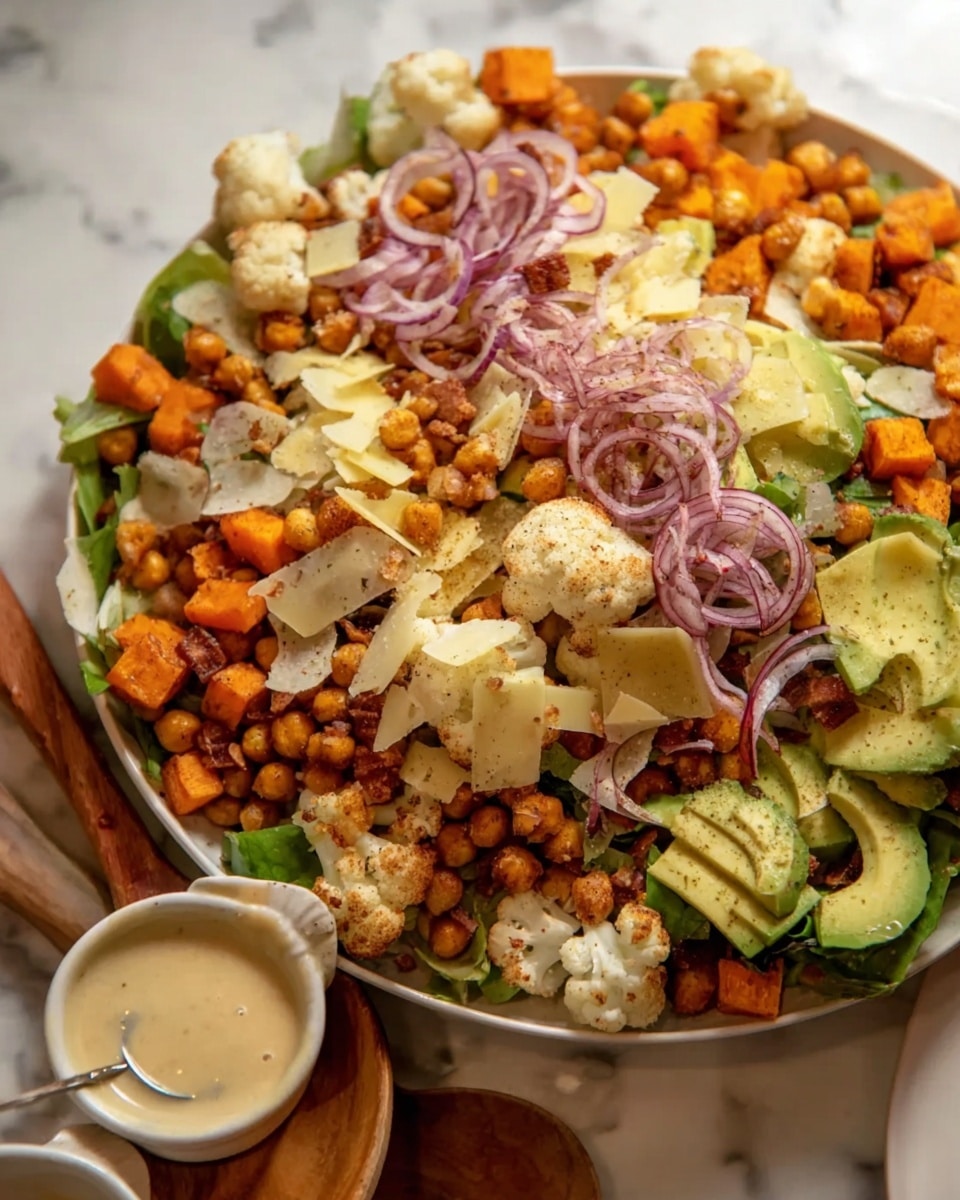 A large white plate filled with a salad featuring multiple layers: the base is green leafy vegetables, topped with roasted golden chickpeas scattered throughout, large white cauliflower florets, diced bright orange sweet potatoes, and chunks of light green avocado. On top, there are curly red onions and thin, pale yellow shaved cheese pieces. To the side, there is a small white bowl with beige creamy dressing, and two wooden salad spoons partially in the salad, with one hand holding a spoon. The background is a white marbled texture. photo taken with an iphone --ar 4:5 --v 7