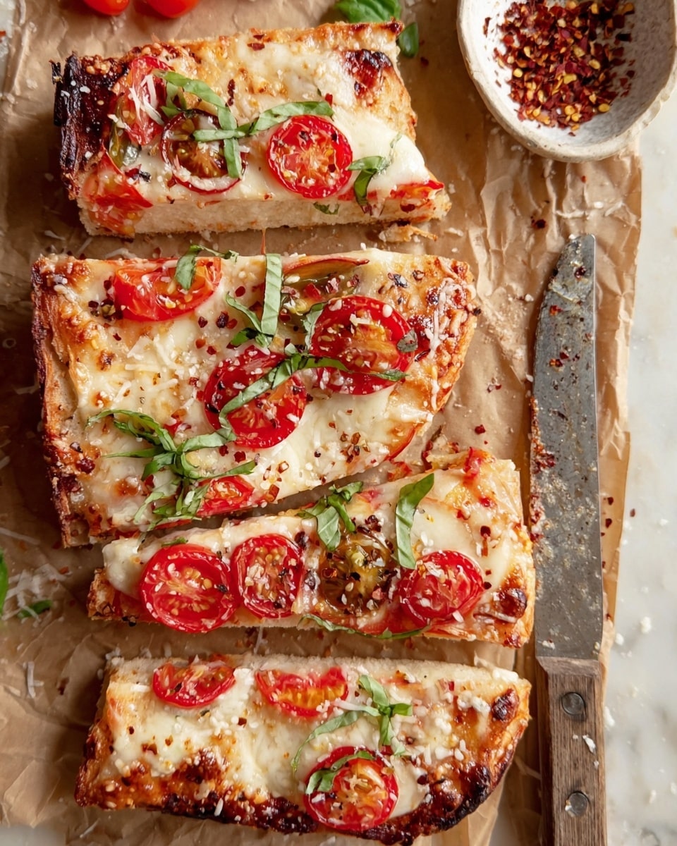 The image shows four rectangular slices of pizza arranged in a vertical line on brown parchment paper over a white marbled surface. Each slice has a thick, golden crust with some charred edges and is topped with melted white cheese that is slightly browned, red tomato slices, and halved cherry tomatoes with visible seeds. There are thin strips of fresh green basil scattered on top of the cheese and tomatoes. Some slices are sprinkled with small bits of grated cheese or seasoning. A small white bowl filled with red chili flakes sits to the top right, partially visible. A knife with a worn handle rests beside the bottom slices. photo taken with an iphone --ar 4:5 --v 7