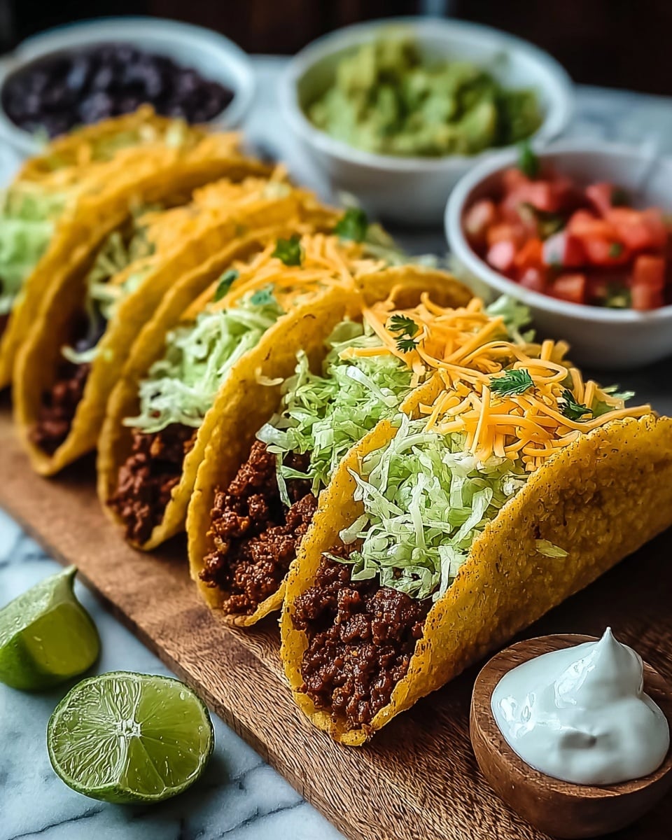Four tacos are lined up on a wooden board, each with a crispy yellow corn shell. The first layer inside each shell is dark brown cooked ground meat, topped with a generous amount of finely shredded pale green lettuce. On top of the lettuce, there is a mound of orange shredded cheese mixed with small green herb pieces. The taco in front has a dollop of white sour cream. In front of the board are two green lime wedges. In the blurred background, there are small white bowls with black beans, green guacamole, and diced red tomatoes. The background is a white marbled texture. Photo taken with an iphone --ar 4:5 --v 7