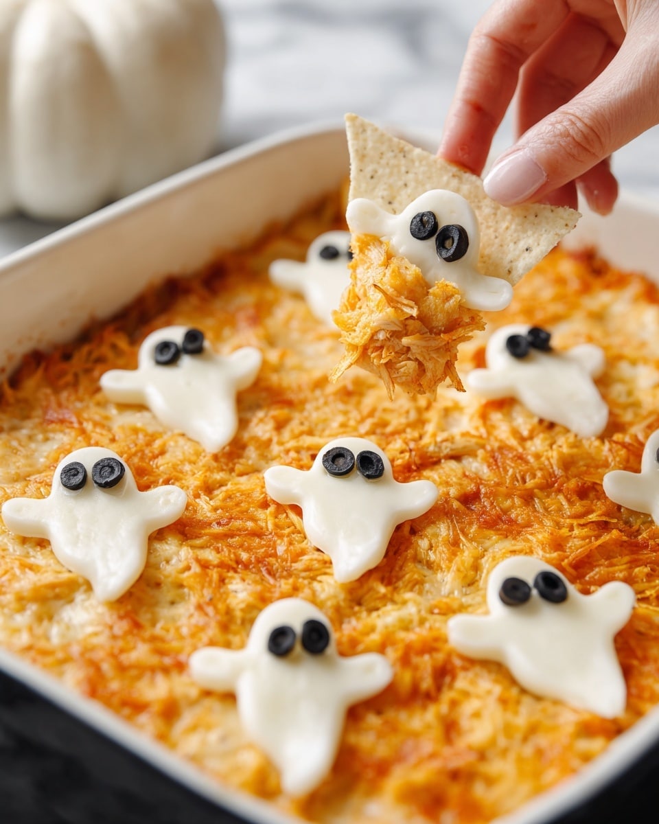 A white baking dish filled with shredded orange chicken dip forms the bottom layer, covered by multiple ghost-shaped melted white cheese pieces with small black olive slices for eyes spread evenly on top. A woman's hand is lifting a white triangular chip with one of the ghost cheese pieces standing out, holding some shredded chicken dip on the chip’s bottom. The background is a white marbled surface. photo taken with an iphone --ar 4:5 --v 7