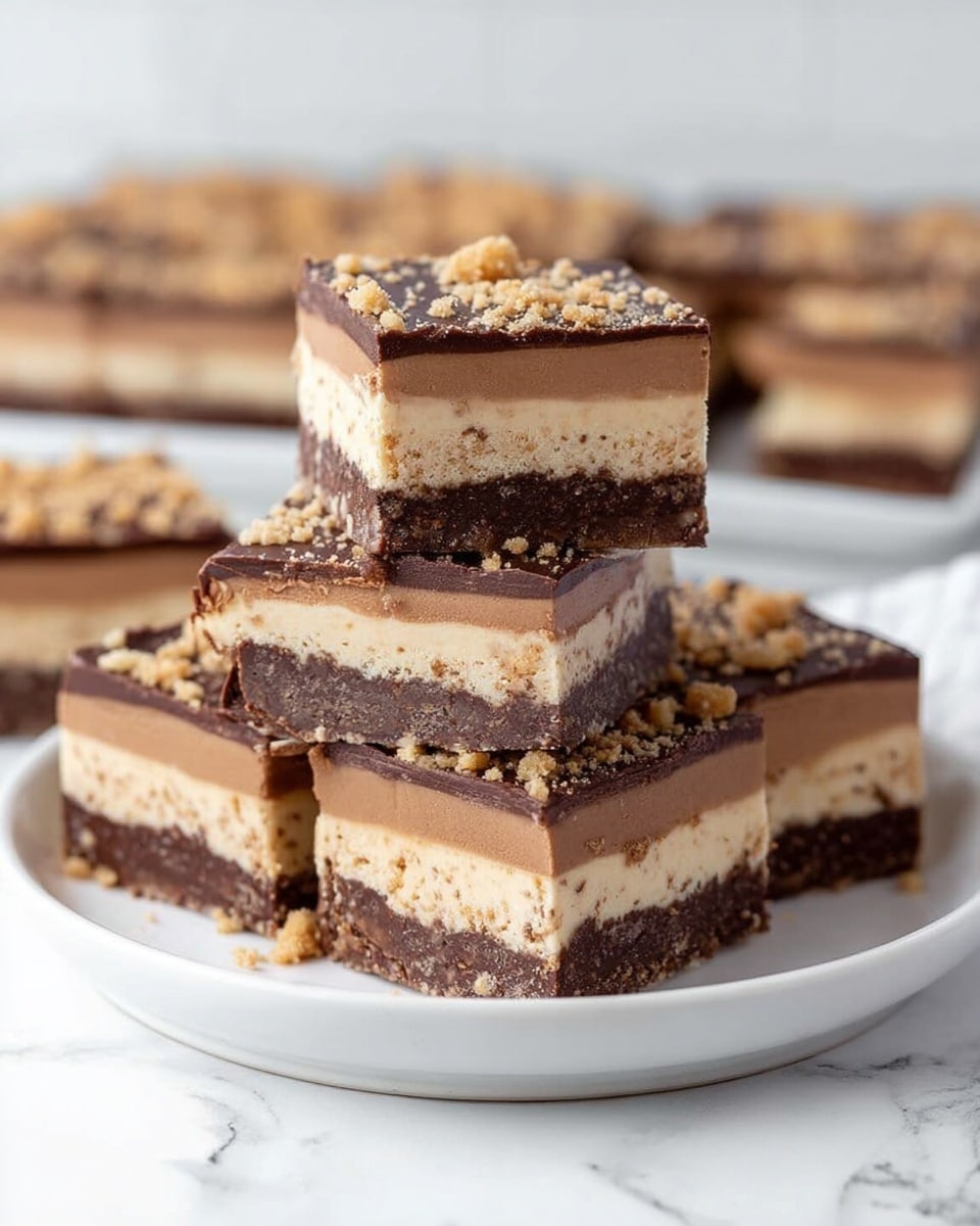 The image shows a stack of layered dessert bars arranged on a white plate, placed on a white marbled surface. Each bar has three distinct layers: a smooth, dark brown chocolate layer on top, a thick creamy light brown middle layer, and another dark brown chocolate layer at the bottom. The bars are cut into squares and sprinkled with crushed crumbs on top, adding a slightly rough texture. The layers and the texture are clearly visible, and the bars are neatly piled in a way that some bars rest on others, creating a visually appealing, slightly uneven tower. In the background, more bars can be seen softly out of focus, enhancing the depth of the scene. Photo taken with an iphone --ar 4:5 --v 7