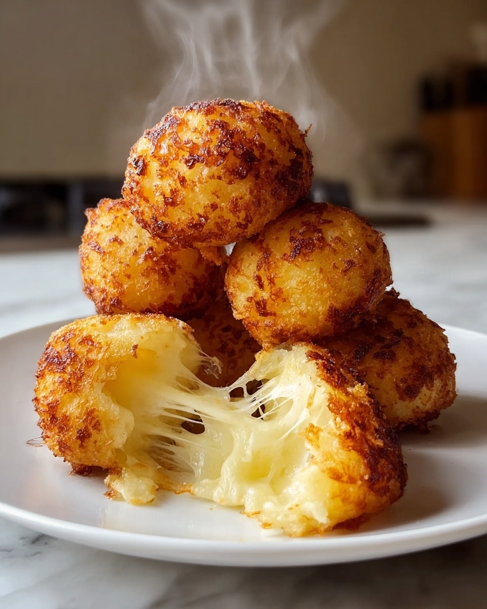 The image shows a plate with four golden-brown baked cheese bread balls arranged close together on a white plate. One bread ball is broken open in the front, revealing a soft, gooey, and stretchy melted cheese interior with a light yellow color and airy texture. The exterior is crispy and browned with slight roughness and cracks. Wisps of steam rise from the bread balls, showing they are hot and fresh. The plate is placed on a white marbled surface with soft natural light creating gentle shadows. photo taken with an iphone --ar 4:5 --v 7