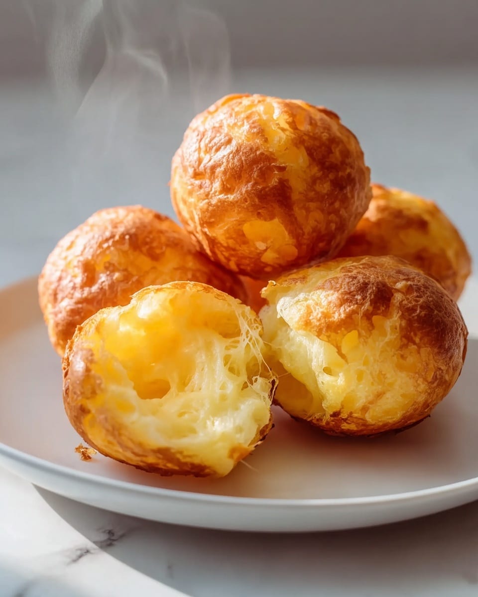 The image shows a white plate with five golden brown fried cheese balls stacked in a small pile on a white marbled surface. The cheese balls have a crispy, textured outer layer with dark golden spots. One cheese ball is broken open in the front, revealing a soft, creamy yellow inside with stretchy, melted white cheese pulling between the two halves. Steam rises gently from the hot cheese balls, suggesting they are freshly cooked. photo taken with an iphone --ar 4:5 --v 7