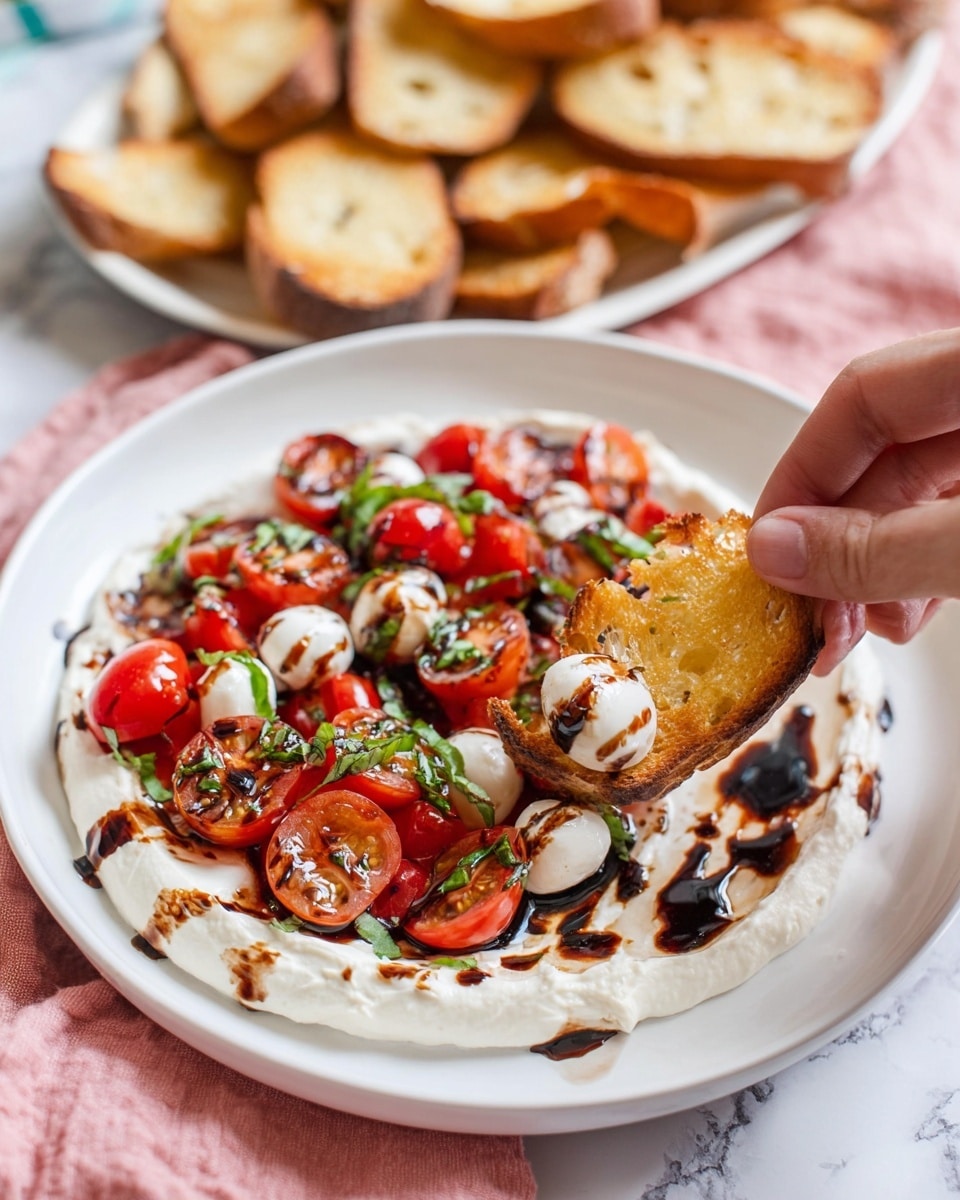 The image shows a dish with two layers served on a white plate on a white marbled surface with a pink cloth underneath. The bottom layer is a smooth white creamy spread that covers most of the plate. On top, there is a topping made of bright red cherry tomato halves mixed with small white mozzarella balls and chopped green basil leaves, all lightly drizzled with a dark brown balsamic glaze creating swirls around the plate. In the foreground, a woman's hand is dipping a toasted round bread slice with a golden brown crust and airy texture into the creamy spread and topping. In the background, there is another white plate filled with more toasted bread slices photo taken with an iphone --ar 4:5 --v 7