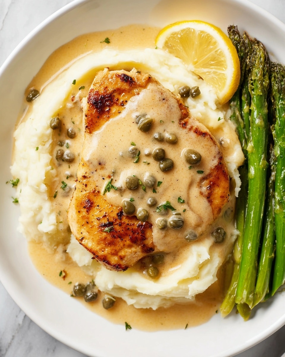 A white plate holds a creamy dish with four visible layers: the bottom layer is a bed of smooth mashed potatoes with a light beige gravy spreading through it, dotted with small green capers; resting on the mashed potatoes is a golden-brown pan-seared chicken breast with a slightly crispy texture, topped with a light tan creamy sauce that also covers parts of the mashed potatoes and includes scattered capers and tiny green herb pieces; next to the chicken and potatoes, on the right side of the plate, are bright green asparagus spears arranged in a neat bundle; a thin, curved lemon slice with a bright yellow rind peeks out from under the chicken on the left side, all set on a white marbled surface photo taken with an iphone --ar 4:5 --v 7