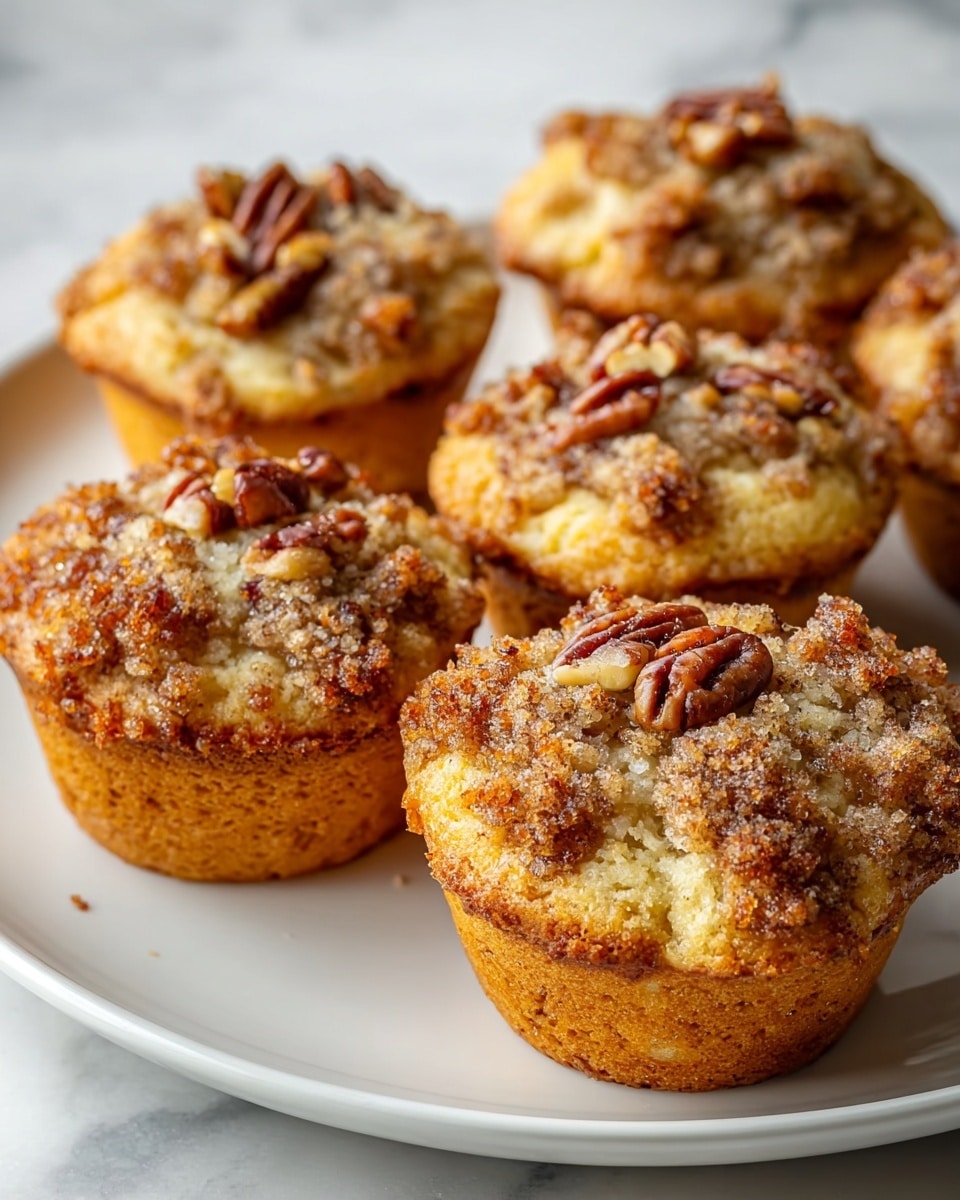 Six crumbly muffins sit closely together on a white plate placed on a white marbled surface. Each muffin has a golden-brown base with a rough texture and is topped with a dense layer of creamy batter scattered with small, dark brown pecan pieces and a light sprinkle of granulated sugar. The top layer shows crunchy, toasted pecans giving a textured and slightly shiny appearance, contrasting with the soft, cake-like crumb underneath. The lighting brings out the warm tones and highlights the moist texture of the muffins. Photo taken with an iphone --ar 4:5 --v 7