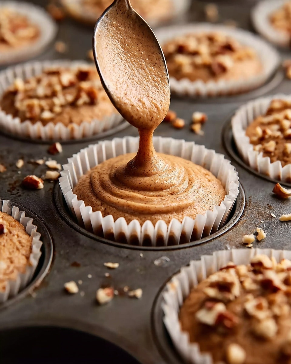 A close-up image of a muffin tray filled with light brown, spiced batter being poured from a metal spoon into a white paper liner inside one muffin cup. The batter has a smooth, thick texture with visible specks of spices. Surrounding muffin cups are filled with similar batter, topped with chopped nuts giving a crunchy texture on top. The tray is dark metal and the background is softly blurred, creating focus on the pouring batter and textured batter surface, scattered small pieces of nuts add detail on the muffin tray edges. photo taken with an iphone --ar 4:5 --v 7