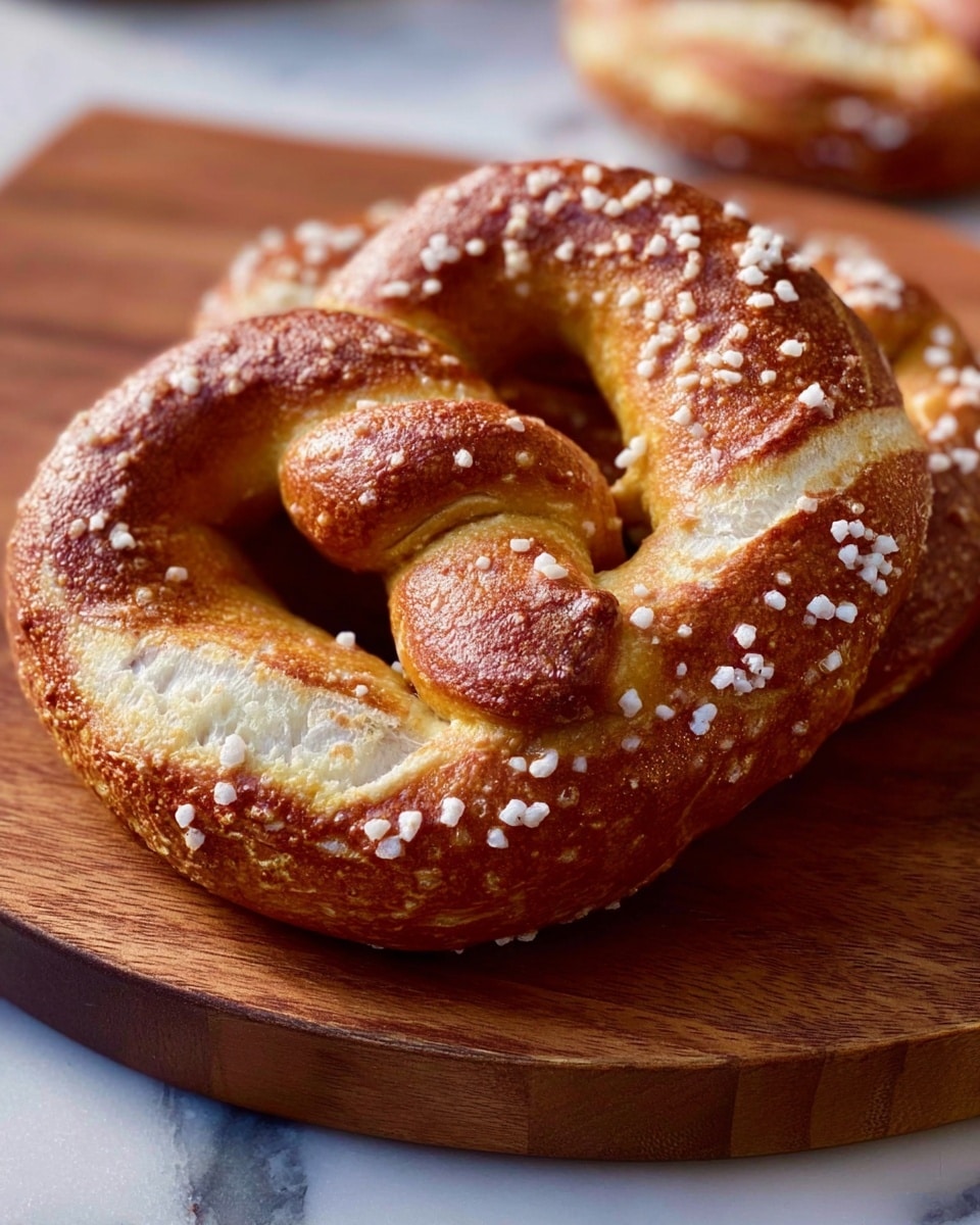 The image shows a wooden board with eight golden brown pretzels sprinkled with coarse white salt. The pretzels have a shiny, smooth texture from a baked crust and classic twist shapes with a central loop and two crossed ends. Three pretzels are placed on pieces of white parchment paper arranged on the board, while the rest sit directly on the wood. To the right, there is a small glass jar of grainy mustard with a spoon inside, adding a yellow and brown speckled detail. The background is a white marbled surface beneath the wooden board. photo taken with an iphone --ar 4:5 --v 7
