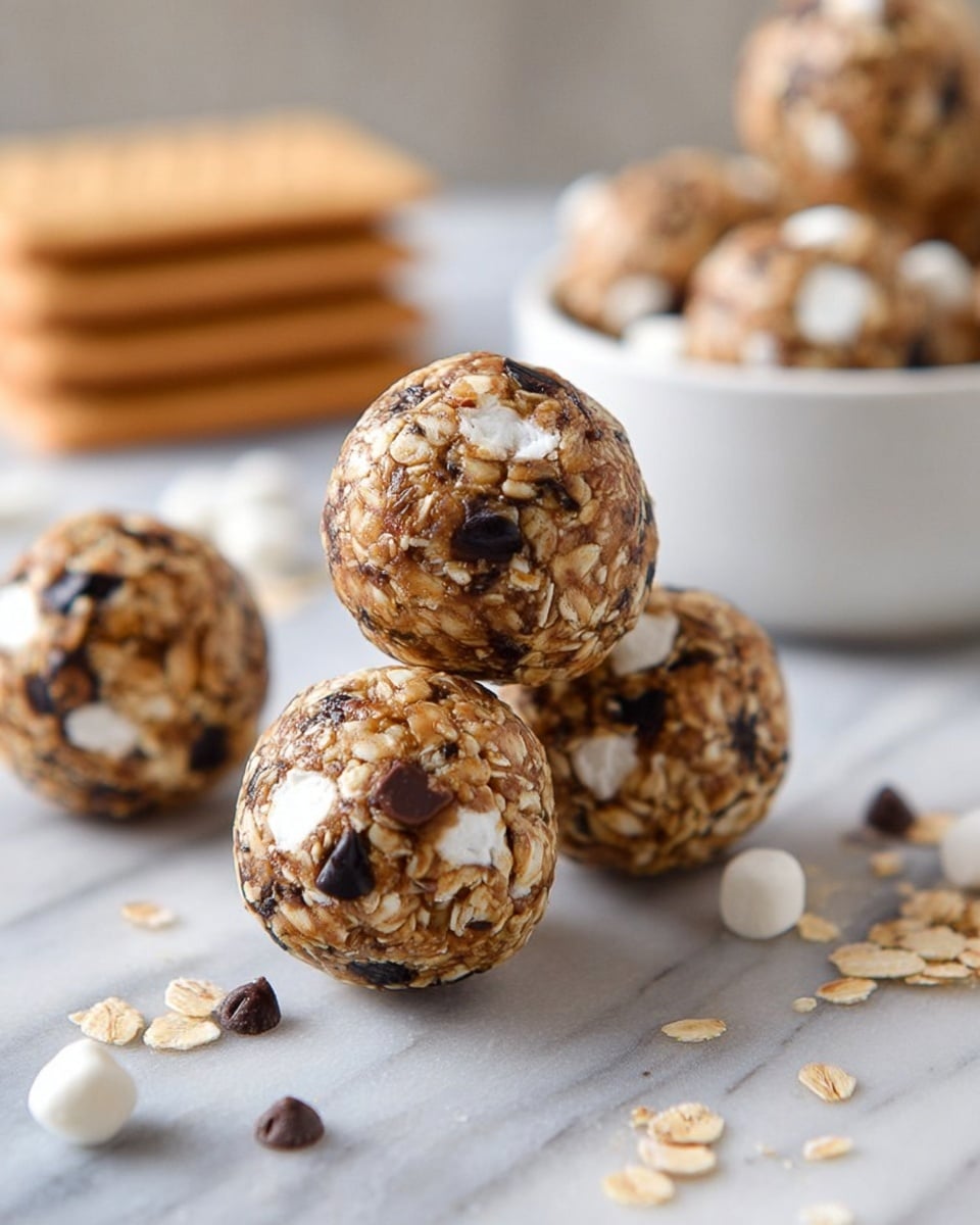 The image shows several round energy balls made of oats, chocolate chips, and white mini marshmallows. Each ball is roughly textured with visible oats and chocolate chips on the surface, giving a mix of light brown, dark brown, and white colors. Some balls are placed on a white marbled surface, scattered with a few oat flakes and chocolate chips around them. In the background, there is a white bowl filled with more of these energy balls, slightly out of focus. photo taken with an iphone --ar 4:5 --v 7