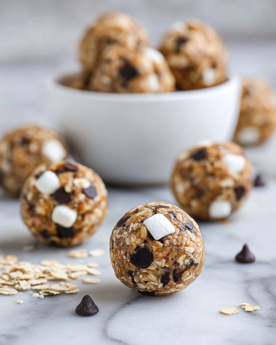 The image shows five round energy balls made of oats, small white marshmallows, and dark chocolate chips. The balls have a rough texture from the oats, with white marshmallows and dark chocolate chips spread evenly throughout each ball. They are placed on a white marbled surface, with three stacked rectangular graham crackers blurred in the background. A white bowl filled with more energy balls is also visible behind the balls on the surface, and small pieces of oats, marshmallows, and chocolate chips are scattered around the balls. photo taken with an iphone --ar 4:5 --v 7