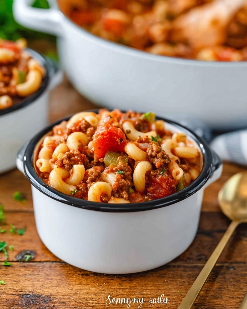 A white cup with black rim filled with two layers: the bottom layer is elbow macaroni with a soft, pale yellow color and smooth texture; the top layer is a chunky mixture of ground meat, bright red tomato chunks, and small green pepper pieces, mixed evenly, creating a rich, hearty look. The cup sits on a wooden surface with a blurred white pot full of the same dish in the background and two gold spoons lying on the wood next to it. The scene also includes some scattered green herbs on the wooden surface. photo taken with an iphone --ar 4:5 --v 7