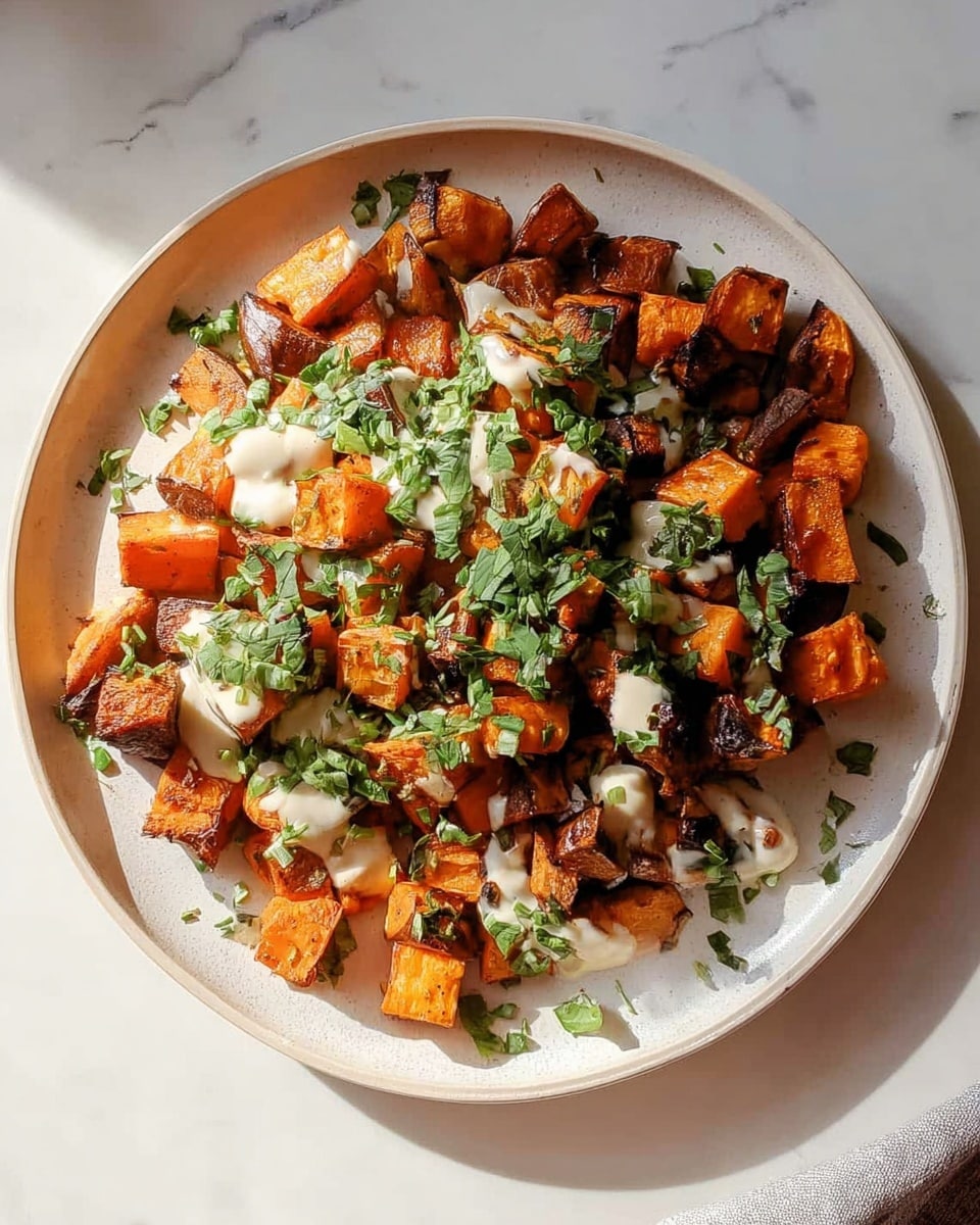 A white plate filled with two types of roasted squash pieces, one bright orange and cubed sweet potatoes, the other darker brown and more irregular shaped, all with a slightly charred texture. There is a light drizzle of creamy white sauce spread unevenly on top, and fresh chopped green herbs scattered all over the dish, adding a fresh touch. The plate is set on a white marbled surface with sunlight softly illuminating the dish from the side. photo taken with an iphone --ar 4:5 --v 7