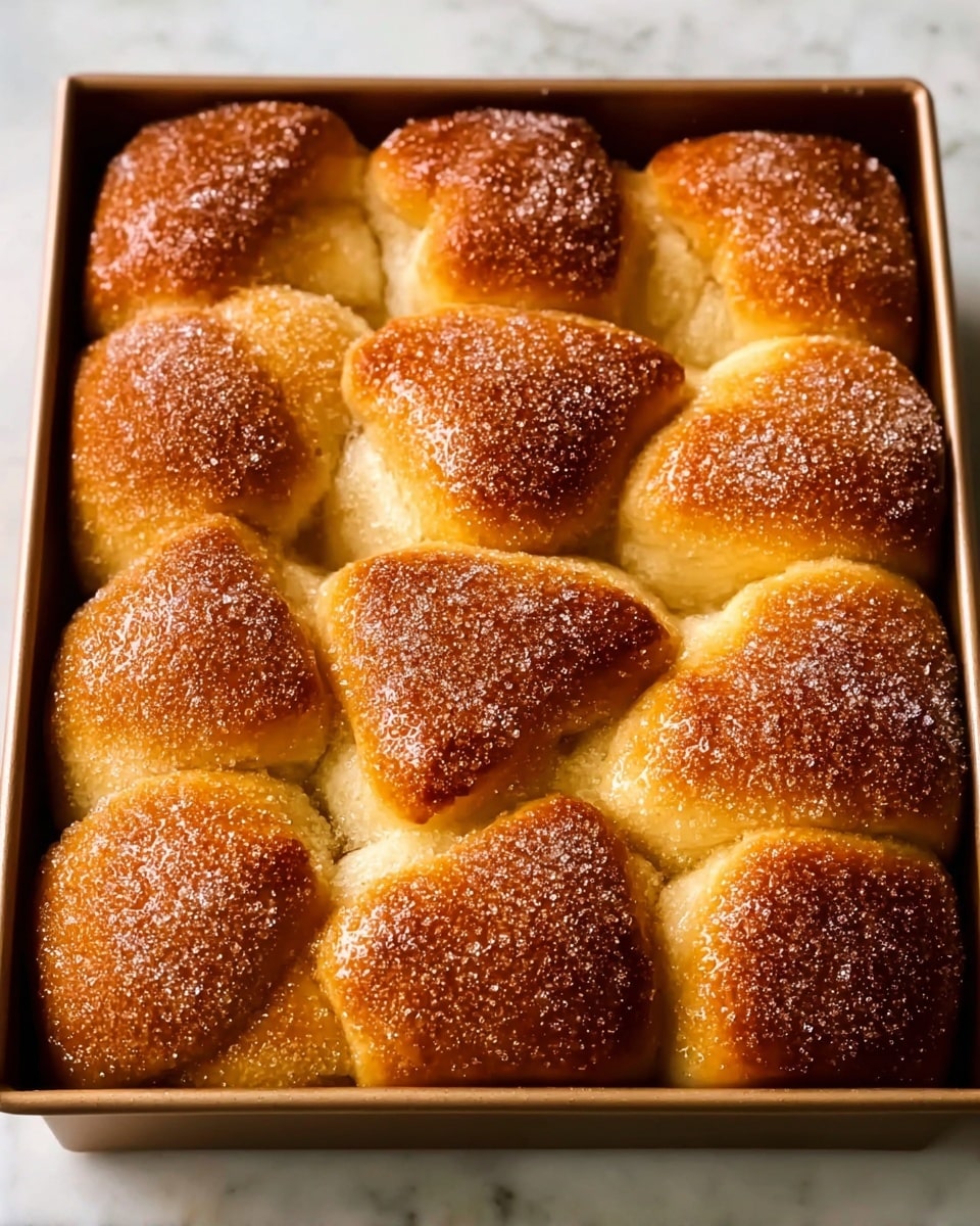 A rectangular baking tin filled with soft, golden-brown bread rolls tightly placed side by side, each roll having a shiny, slightly crispy top sprinkled with granulated sugar, creating a textured and glistening surface. The bread pieces are fluffy and round, with some slightly larger and more domed than others, all connected to form a united batch. The background is a white marbled texture. photo taken with an iphone --ar 4:5 --v 7
