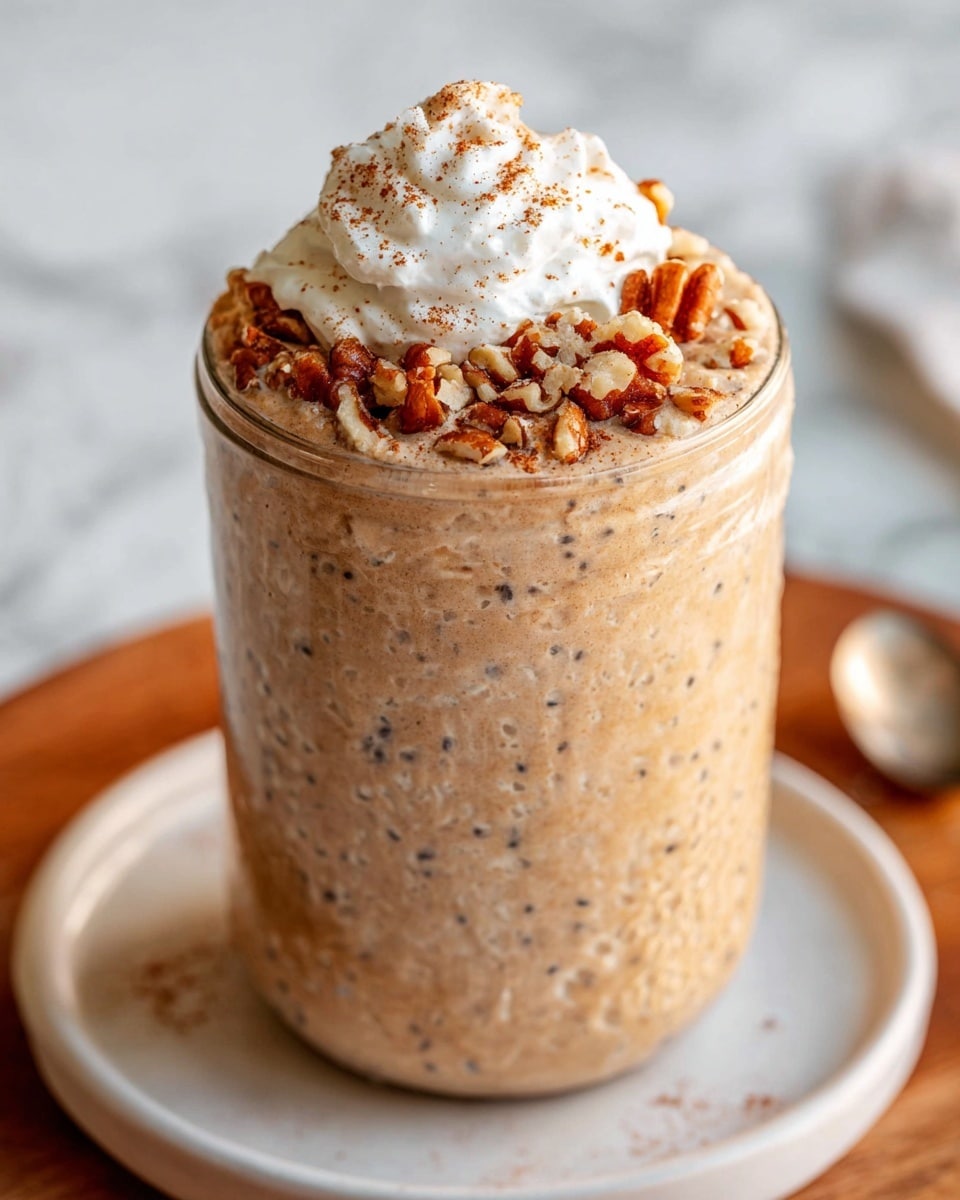 A tall clear glass jar filled with a creamy light brown mixture with small dark specks evenly spread throughout, topped with a small white dollop of whipped cream on one side and a cluster of chopped brown nuts on the other, all sprinkled lightly with cinnamon powder. The jar sits on a white plate placed on a wooden surface with a white marbled texture background. Photo taken with an iphone --ar 4:5 --v 7