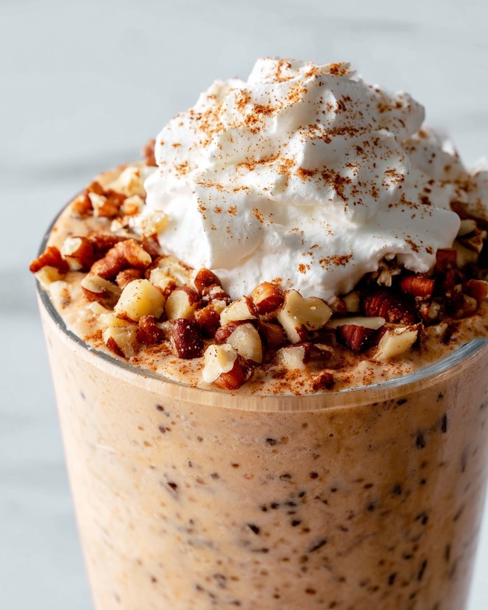 A close-up of a tall glass filled with a creamy, light brown drink speckled with small dark bits, topped with a thick white whipped cream layer sprinkled with brown cinnamon powder, and a generous layer of mixed nuts and small chunks of brown nuts covering the surface beneath the whipped cream. The drink is against a white marbled background. photo taken with an iphone --ar 4:5 --v 7