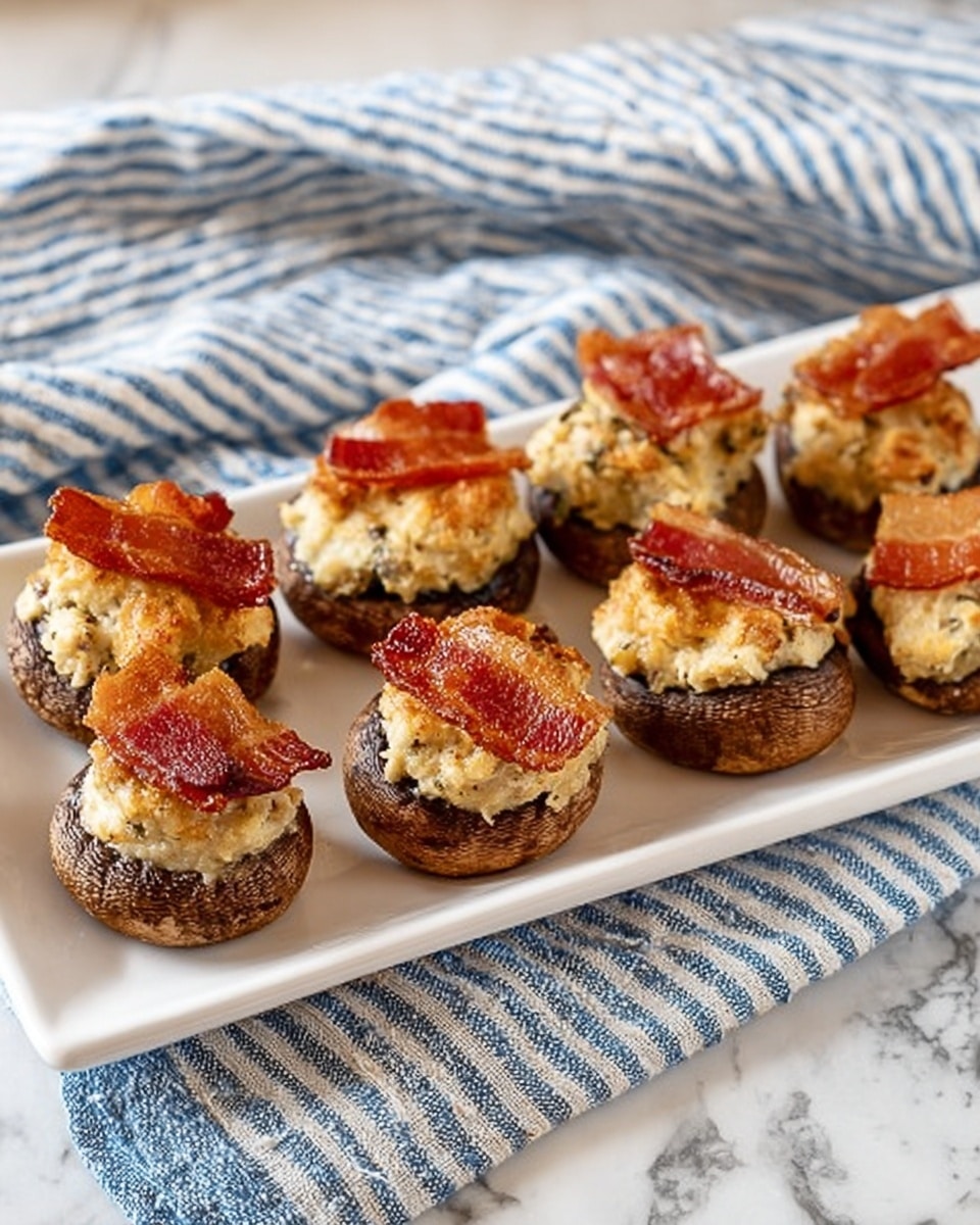 The image shows five stuffed mushrooms arranged on a white plate with blue patterns, sitting on a white marbled surface. Each mushroom has a dark brown cap filled with a crumbly topping that looks golden brown and slightly crispy. In front of the mushrooms, there are fresh green basil leaves adding a pop of color. The lighting is natural, clearly showing the details of the crumb topping and the shiny texture of the mushroom caps. Photo taken with an iphone --ar 4:5 --v 7