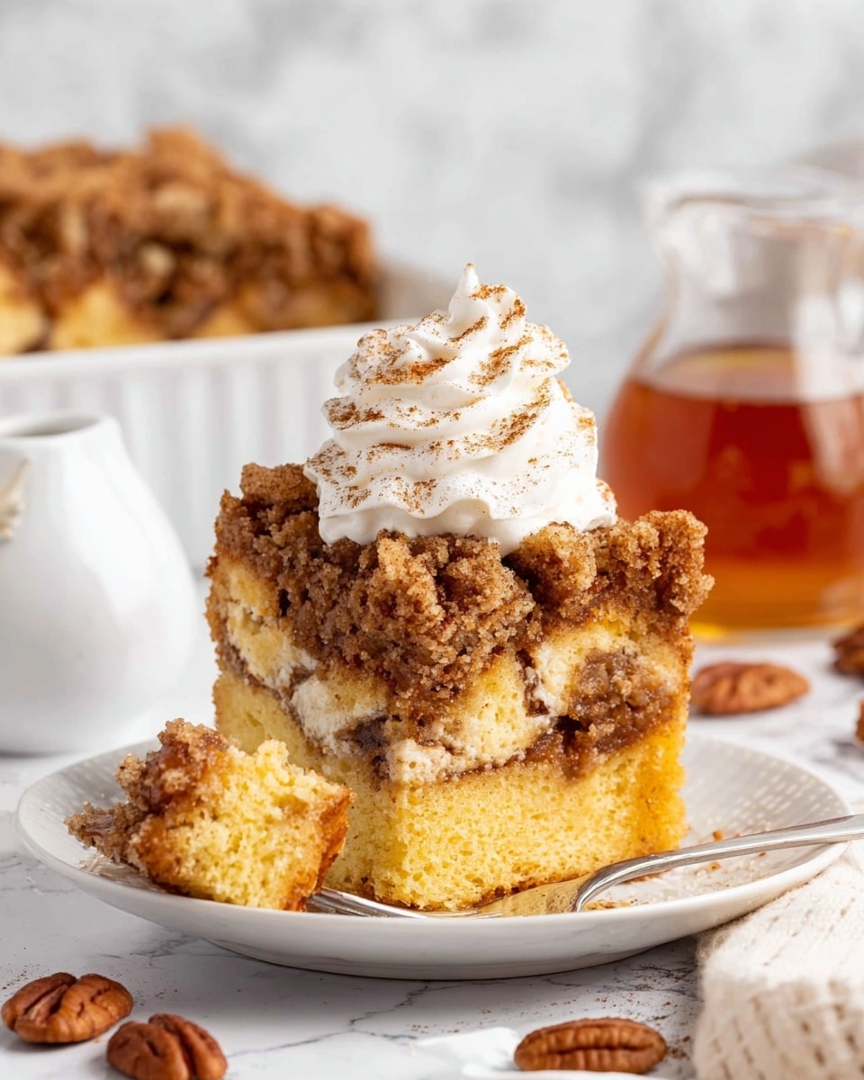 A white rectangular baking dish filled with a baked bread pudding that has three visible layers: the bottom layer is soft, thick, and light yellow, showing the soaked bread pieces; the middle layer has a golden brown swirl of cinnamon or caramel; the top layer is a crumbly mix of light brown streusel with scattered dark brown pecan pieces, giving a crunchy texture. One piece is missing from the front right corner, revealing the layers inside. The dish sits on a white marbled surface with some pecan nuts scattered around. Photo taken with an iphone --ar 4:5 --v 7