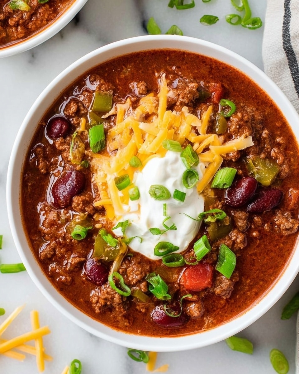 A white bowl filled with three main layers: a thick reddish-brown chili soup base with visible kidney beans, chunks of tomatoes, green pepper pieces, and ground meat; on top, a dollop of white sour cream in the center; sprinkled over the sour cream, shredded orange cheddar cheese and small sliced bright green onion rings. A silver spoon is partially submerged on the left side of the bowl. Nearby, a small white bowl holds chopped bright green onions, and the background is a white marbled texture. photo taken with an iphone --ar 4:5 --v 7