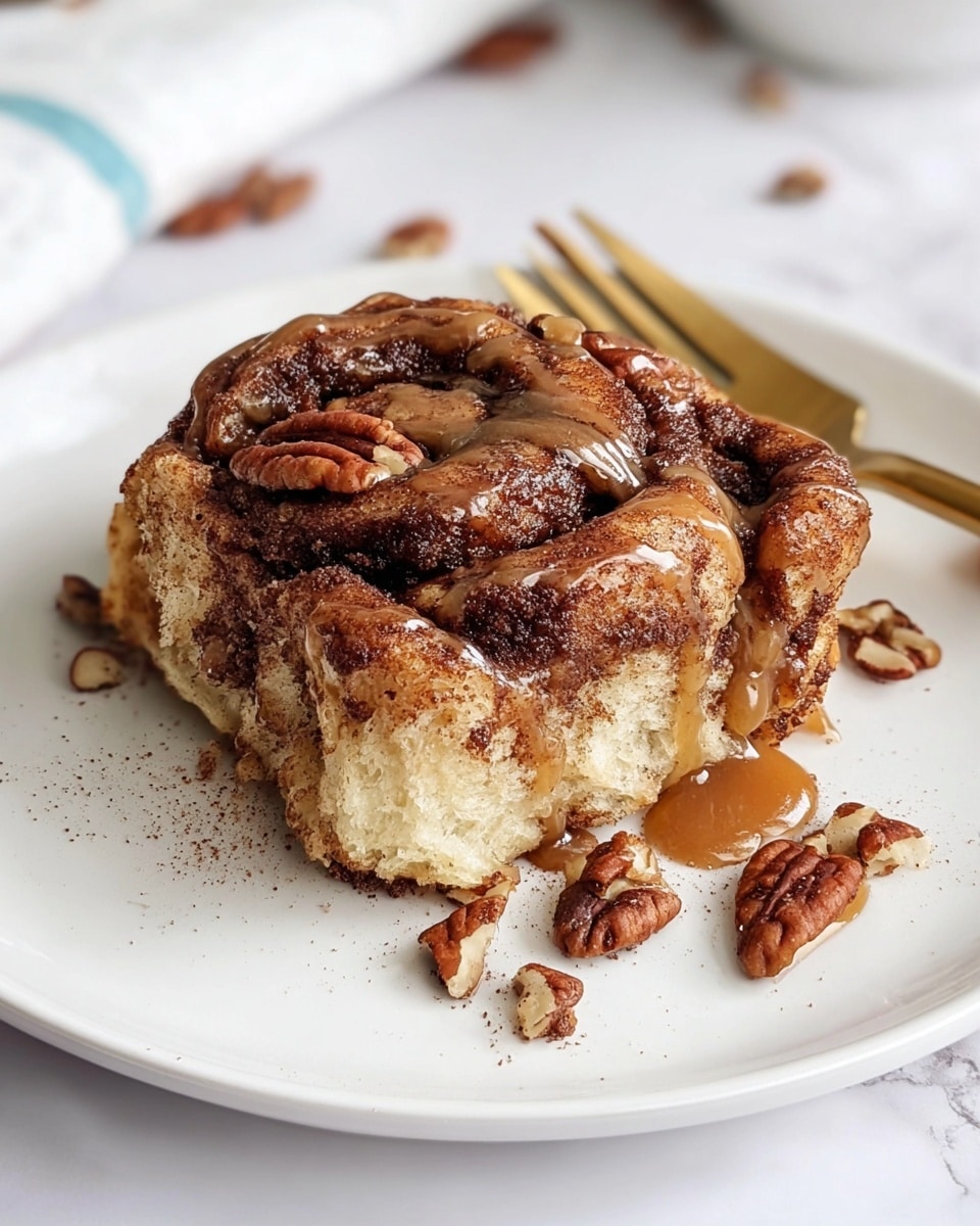 A square piece of cinnamon roll is placed on a white plate with a soft, light beige dough base visible on the bottom layer. The top layer shows a thick swirl of brown cinnamon-spiced dough dusted with cinnamon powder and scattered with whole pecans. A light caramel sauce is drizzled over the top, creating a glossy sheen that runs down the swirl and onto the plate. Bits of pecans are scattered around the plate. The plate sits on a white marbled surface, with a golden fork placed nearby. Photo taken with an iphone --ar 4:5 --v 7