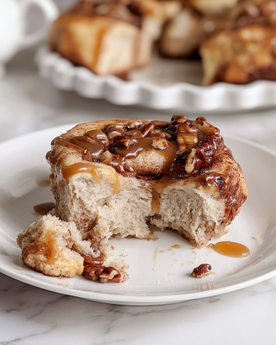 A close-up of a thick cinnamon roll cut in half on a white plate over a white marbled surface, showing its dense, soft, and slightly crumbly inside with a light beige color. The top layer has a golden brown crust with visible swirls of cinnamon and scattered pecan nuts, covered with a shiny drizzle of caramel sauce that glistens under the light. Some small crumbs and a chunk of the cinnamon roll lie next to the cut piece on the plate, adding texture to the scene. In the background, a white scalloped plate with more pieces of cinnamon rolls is slightly out of focus. Photo taken with an iphone --ar 4:5 --v 7