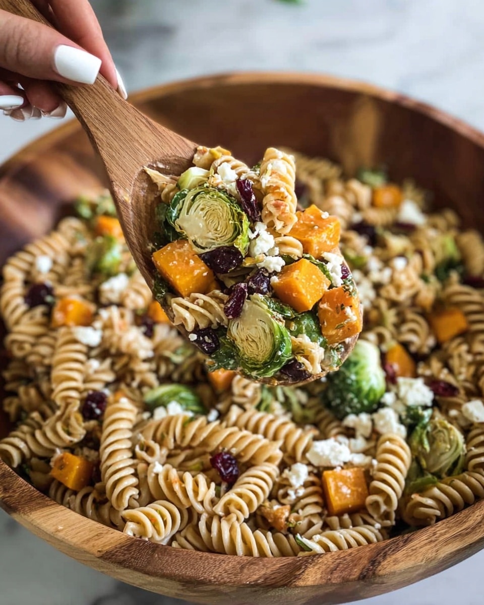 A close-up image shows a wooden spoon lifting a scoop of pasta salad from a large wooden bowl. The salad consists of three layers: top layer has small cubes of orange butternut squash, green roasted Brussels sprouts leaves, and some dark red dried cranberries. The middle layer features spiral-shaped rotini pasta with a light brown to beige color. The bottom layer is sprinkled with small white crumbles of goat cheese all over. A woman's hand with white-painted nails holds the wooden spoon against a white marbled background. photo taken with an iphone --ar 4:5 --v 7