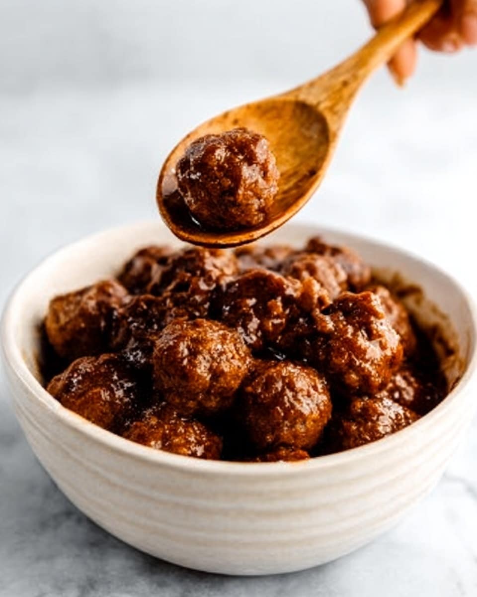 A close-up image showing a white bowl filled with small, round meatballs covered in a thick, dark brown sauce. The meatballs have a slightly rough texture and are packed closely together inside the bowl. A wooden spoon is lifting a few meatballs above the bowl, held by a woman's hand. The background surface is a white marbled texture. Photo taken with an iphone --ar 4:5 --v 7