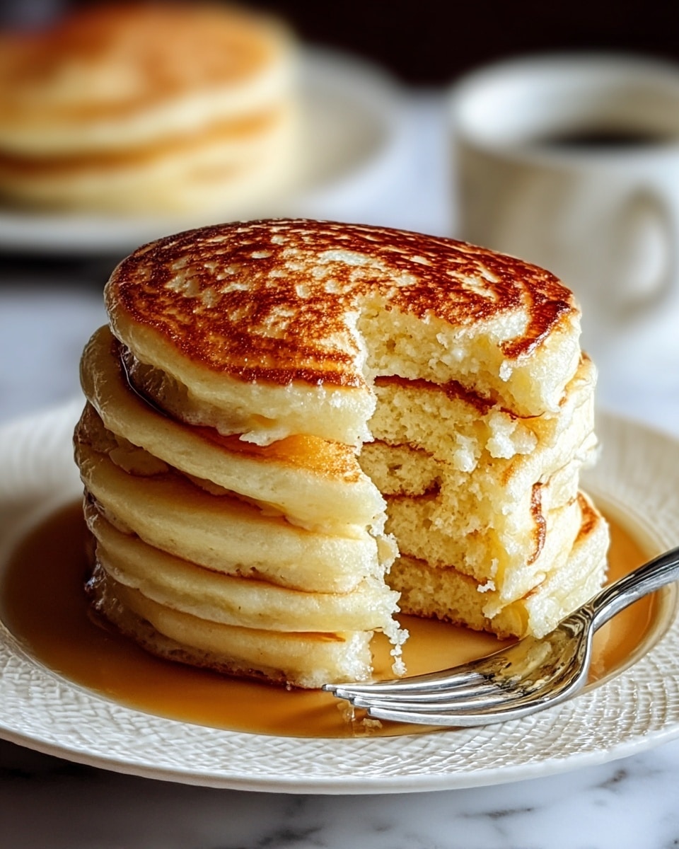A stack of five thick golden pancakes sits on a white plate with a textured rim, each pancake showing a slightly different shade of golden brown and light texture; the top pancake has a visible bite taken out, revealing a soft and fluffy interior with a pale yellow color. A shiny layer of melted butter melts over the edge of the bottom pancake and pools lightly around the base. A silver fork rests at the side of the pancake stack, slightly touching the plates edge. In the background, there is a blurred white cup and a plate with another pancake. The entire scene is set against a white marbled surface. Photo taken with an iphone --ar 4:5 --v 7