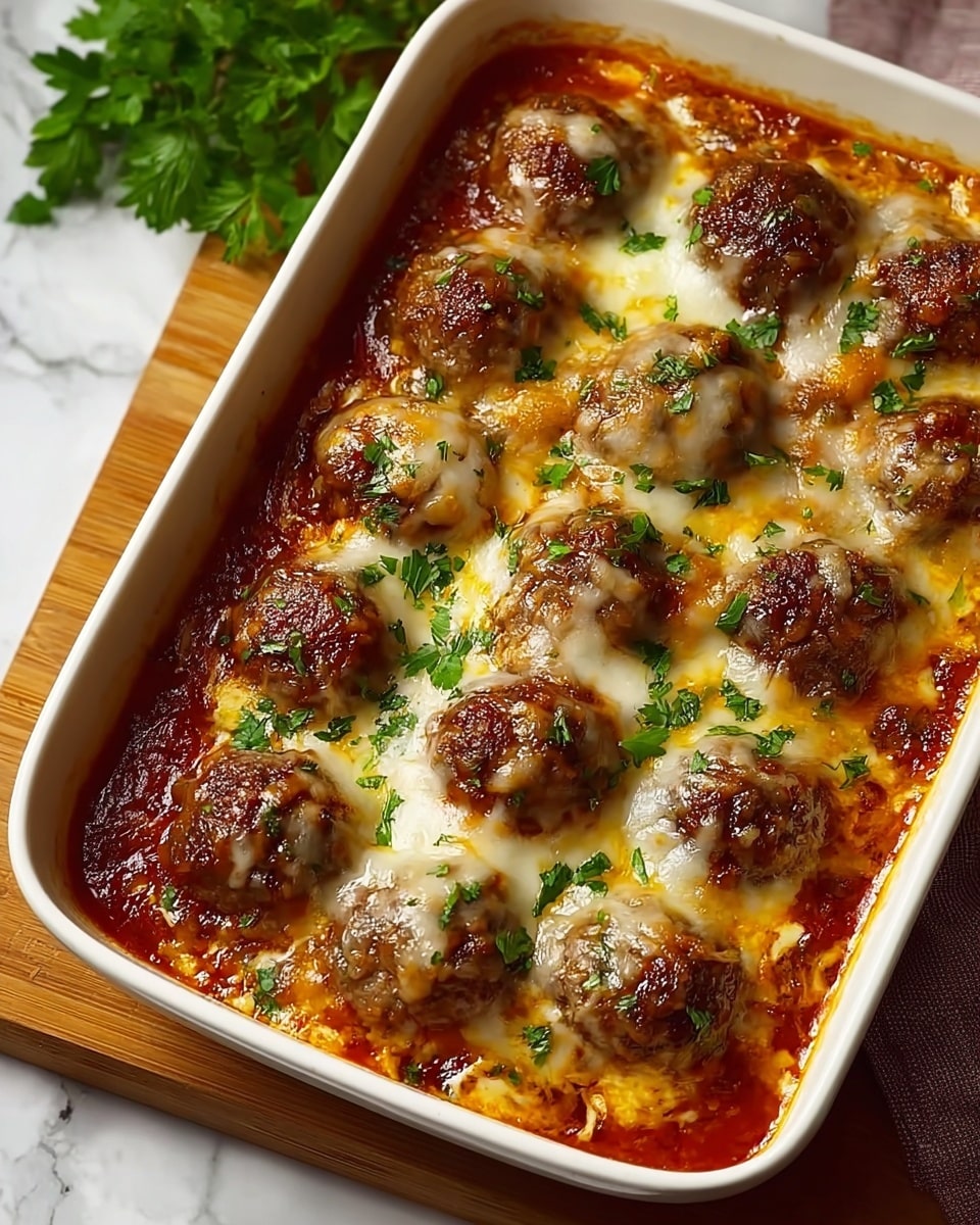 A white rectangular dish is filled with two layers: the bottom layer is a rich tomato sauce with a smooth texture and bright red color, and on top, there are sixteen evenly spaced browned meatballs, each covered with a generous layer of melted, slightly browned cheese that is creamy white and golden in spots. Fresh green parsley leaves are sprinkled over the cheese, adding a fresh contrast. The dish sits on a light brown wooden board, with fresh parsley in the background, all placed on a white marbled textured surface. Photo taken with an iphone --ar 4:5 --v 7