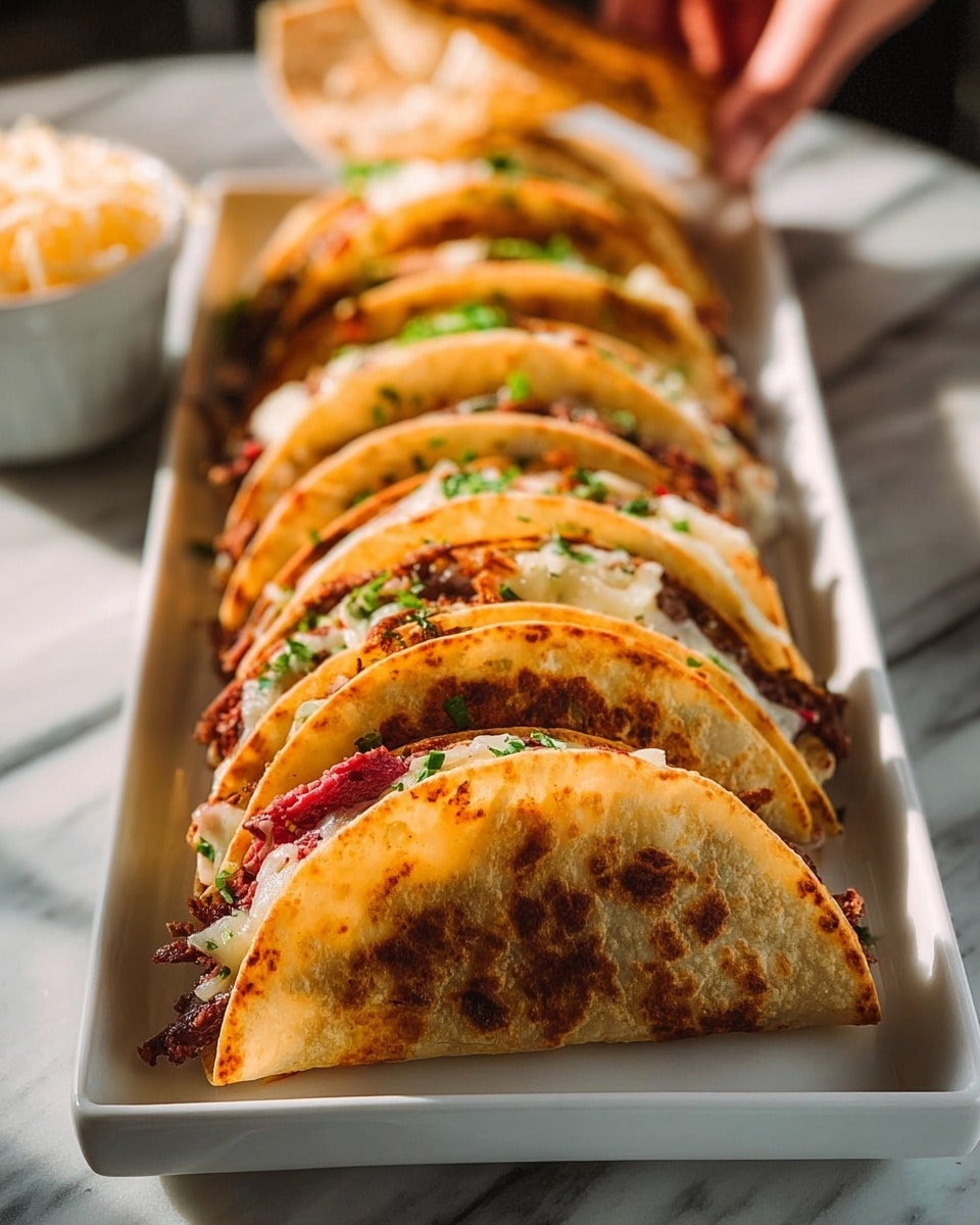 A white rectangular plate holds six folded tacos lined up in a row, each showing a golden-brown toasted shell with a slightly crispy texture and some darker charred spots. Inside, layers of thin, dark red slices of meat peek out, topped with soft, white melted cheese and small bits of fresh green herbs. The tacos are placed on a white marbled surface with soft natural light highlighting the warm colors and textures clearly. In the background, a woman's hand holds one taco at the end, and a white bowl filled with cheese is partially visible. photo taken with an iphone --ar 4:5 --v 7