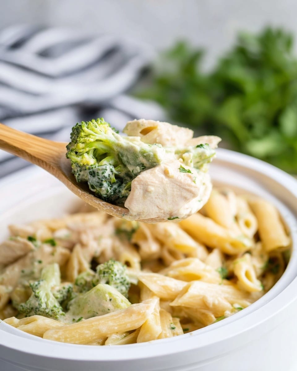 A close-up of creamy white sauce pasta served in a white bowl on a white marbled surface. The dish has three visible layers: a top layer with green broccoli pieces covered with creamy white sauce, a middle layer showing pale yellow penne pasta coated in the sauce, and chunks of light beige chicken mixed throughout. A wooden spoon holds a portion of the pasta with broccoli and chicken, showing the thick sauce texture. In the background, some green herbs and a striped cloth are blurred out. Photo taken with an iphone --ar 4:5 --v 7