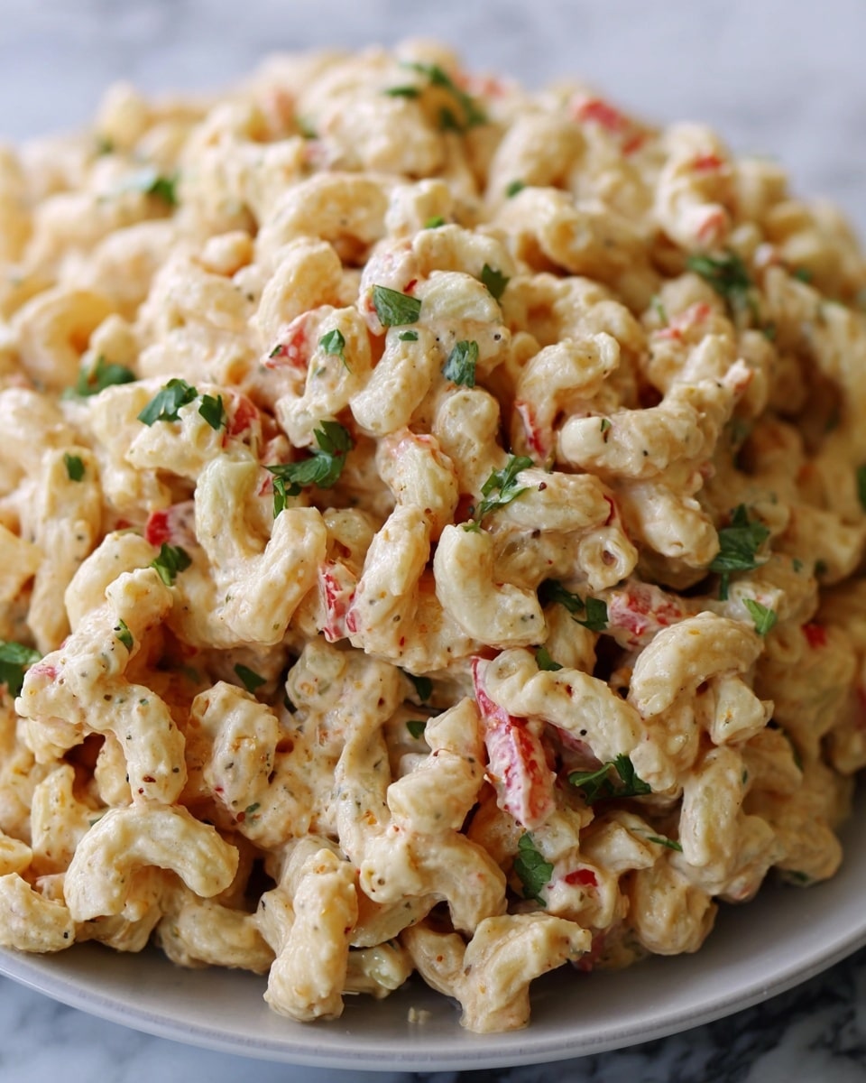 The image shows a close-up of creamy macaroni salad piled on a white plate. The pasta is elbow macaroni, coated with a light beige creamy dressing, giving a smooth and rich texture. Small bits of red, possibly diced peppers or tomatoes, are scattered evenly through the salad, adding pops of color. Bright green chopped herbs are sprinkled throughout, adding fresh contrast. The dish looks soft and moist with a slightly grainy finish from the dressing and seasoning. The background is a white marbled texture. photo taken with an iphone --ar 4:5 --v 7