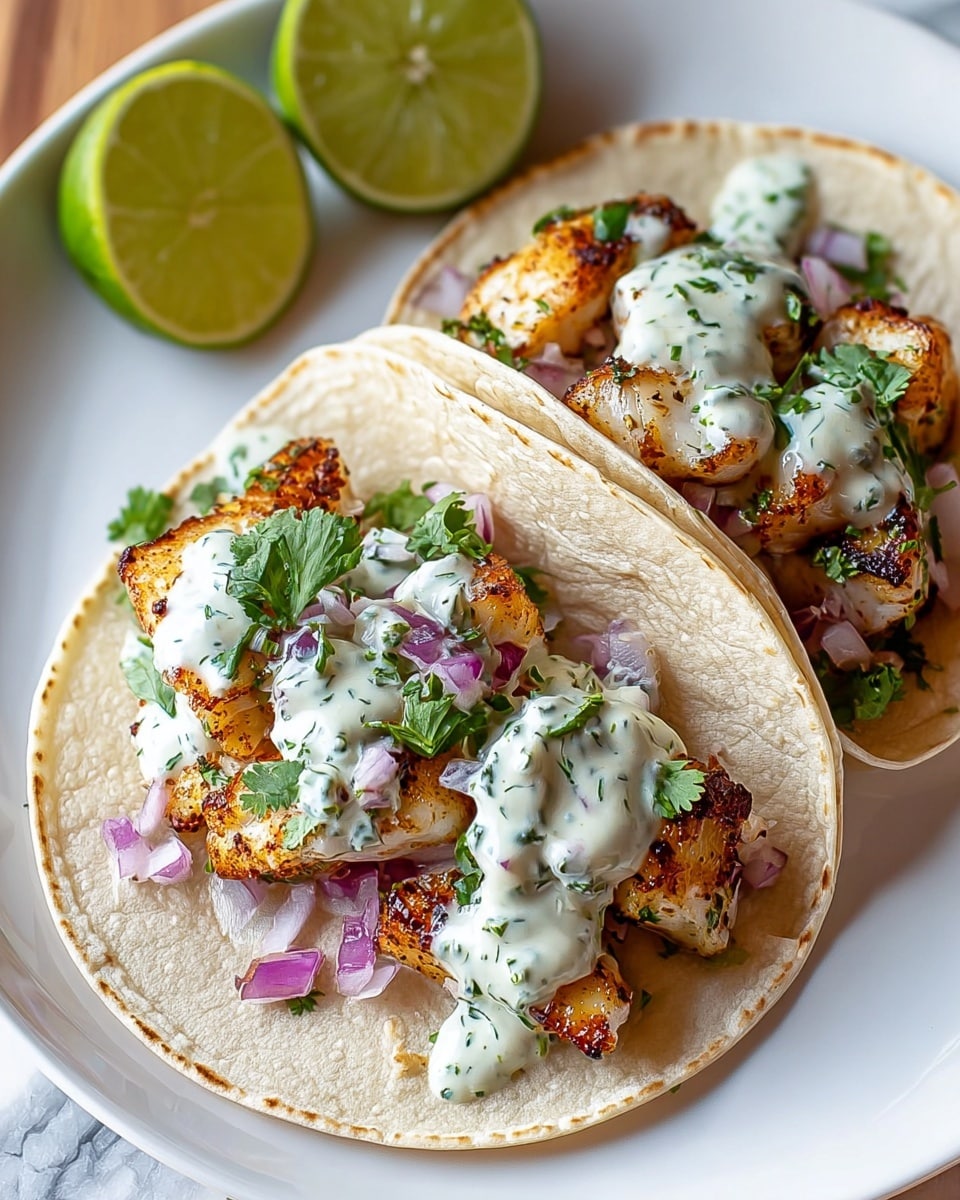 Two grilled fish tacos sit on a white plate with a white marbled texture underneath. Each taco has three thick, golden-brown grilled fish pieces with dark grill marks, resting on a soft, slightly toasted white corn tortilla. Under the fish is a spread of crushed green guacamole. On top of the fish, there is a dollop of creamy white sauce with green herbs, sprinkled with small pieces of chopped purple onion and fresh green cilantro leaves. A bright green lime wedge is placed next to the tacos on the plate. Photo taken with an iphone --ar 4:5 --v 7