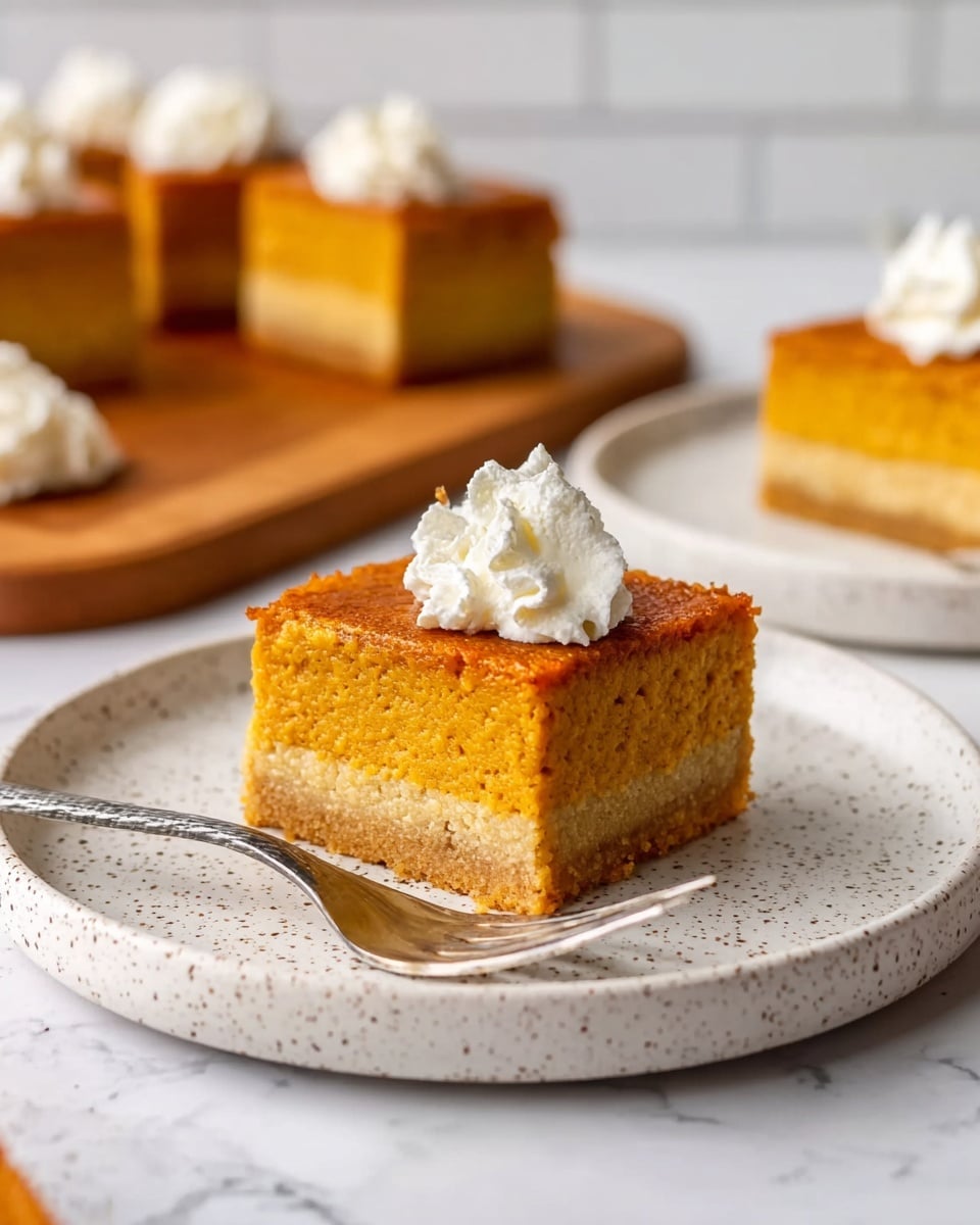 The image shows several square pieces of orange pumpkin bars with a slightly crumbly texture and a small dollop of white whipped cream on top of each piece. One white speckled plate holds a single pumpkin bar with whipped cream and a black fork placed beside it on the right. Another white plate is partially visible at the top left, holding three pumpkin bars each topped with whipped cream. Two more pumpkin bars without whipped cream lie on a piece of brown parchment paper near the bottom left. The whole setting is on a white marbled surface with a few crumbs scattered around. Photo taken with an iphone --ar 4:5 --v 7