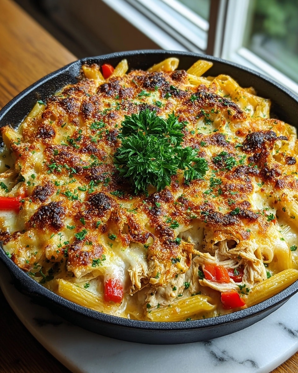 A thick slice of baked pasta casserole with three visible layers sits on a white plate. The bottom layer is creamy with small pieces of red and green vegetables and pasta tubes mixed in a white sauce. The middle layer consists of more pasta tubes and shredded chicken in a light sauce. The top layer is golden brown and crispy with melted cheese and sprinkled chopped green herbs. Some green parsley leaves decorate the base on the plate. The background is a white marbled texture. Photo taken with an iphone --ar 4:5 --v 7